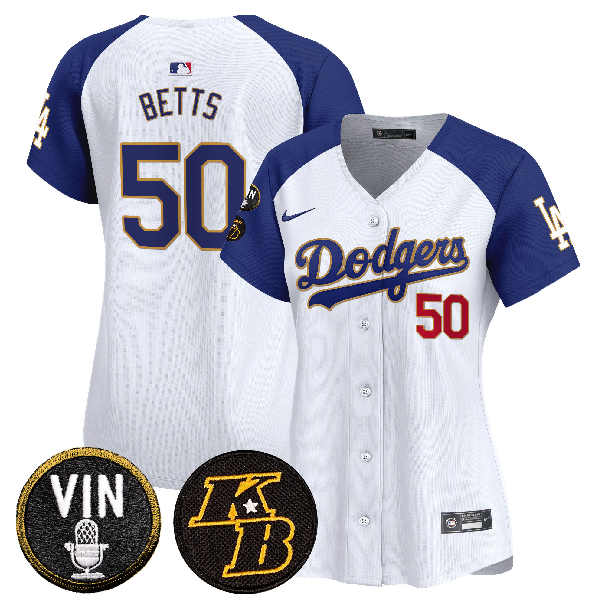 Mookie Betts Women's Los Angeles Dodgers Vin & Kobe Patch Gold Trim Vapor Premier Limited White Alternate Jersey - All Stitched