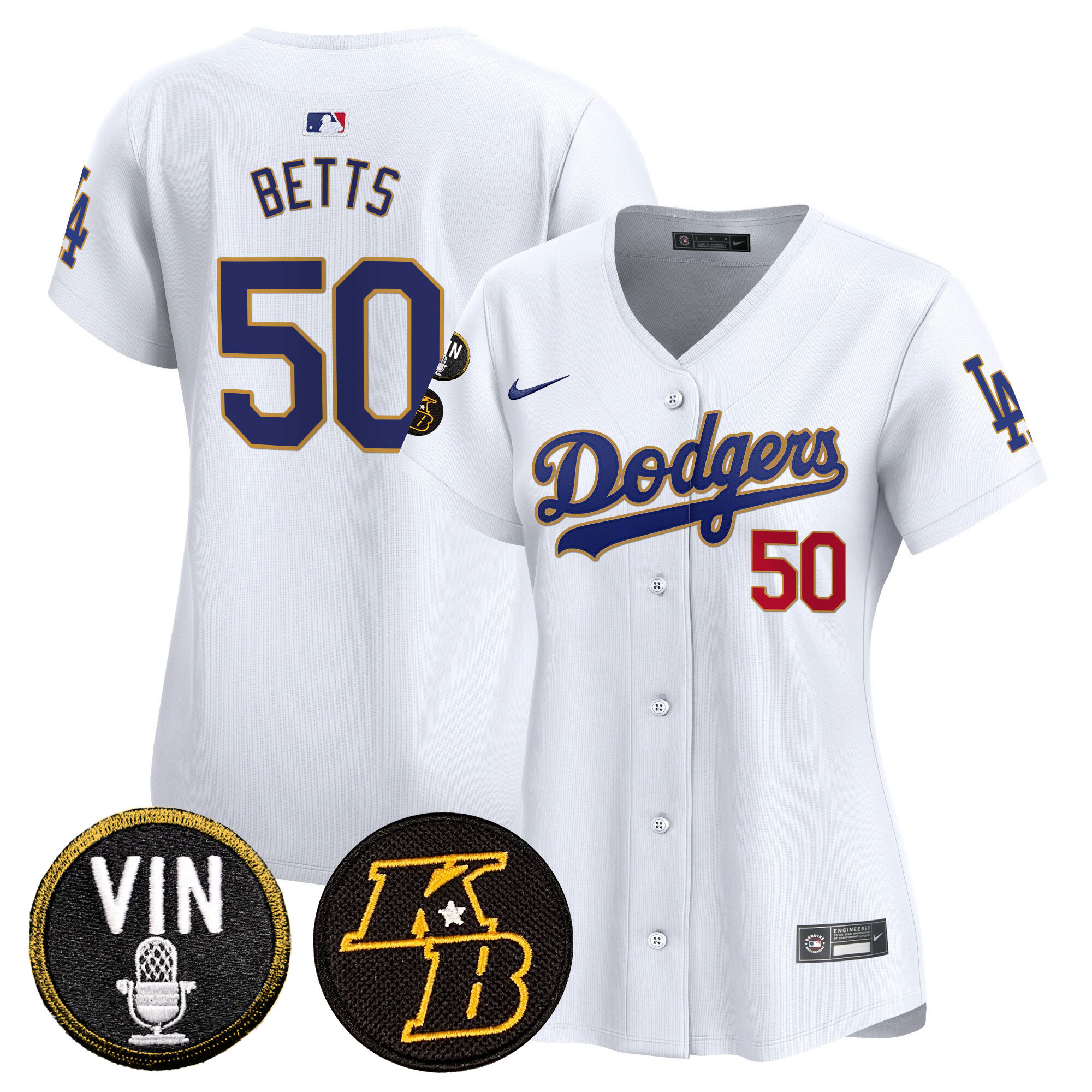 Mookie Betts Women's Los Angeles Dodgers Vin & Kobe Patch Gold Trim Vapor Premier Limited White Jersey - All Stitched