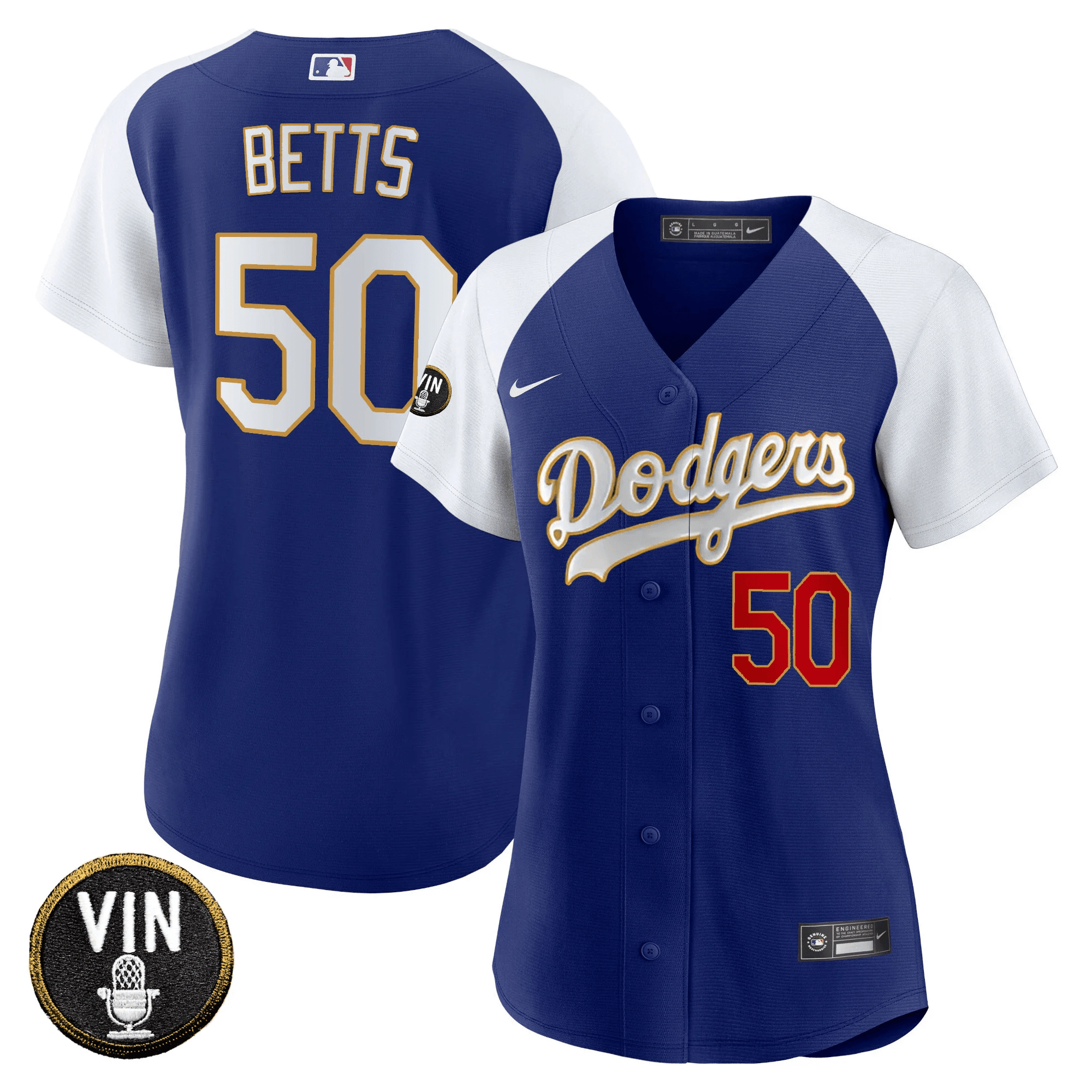 Mookie Betts Women's Los Angeles Dodgers Vin Scully Patch Gold Trim Alternate Royal Jersey - All Stitched