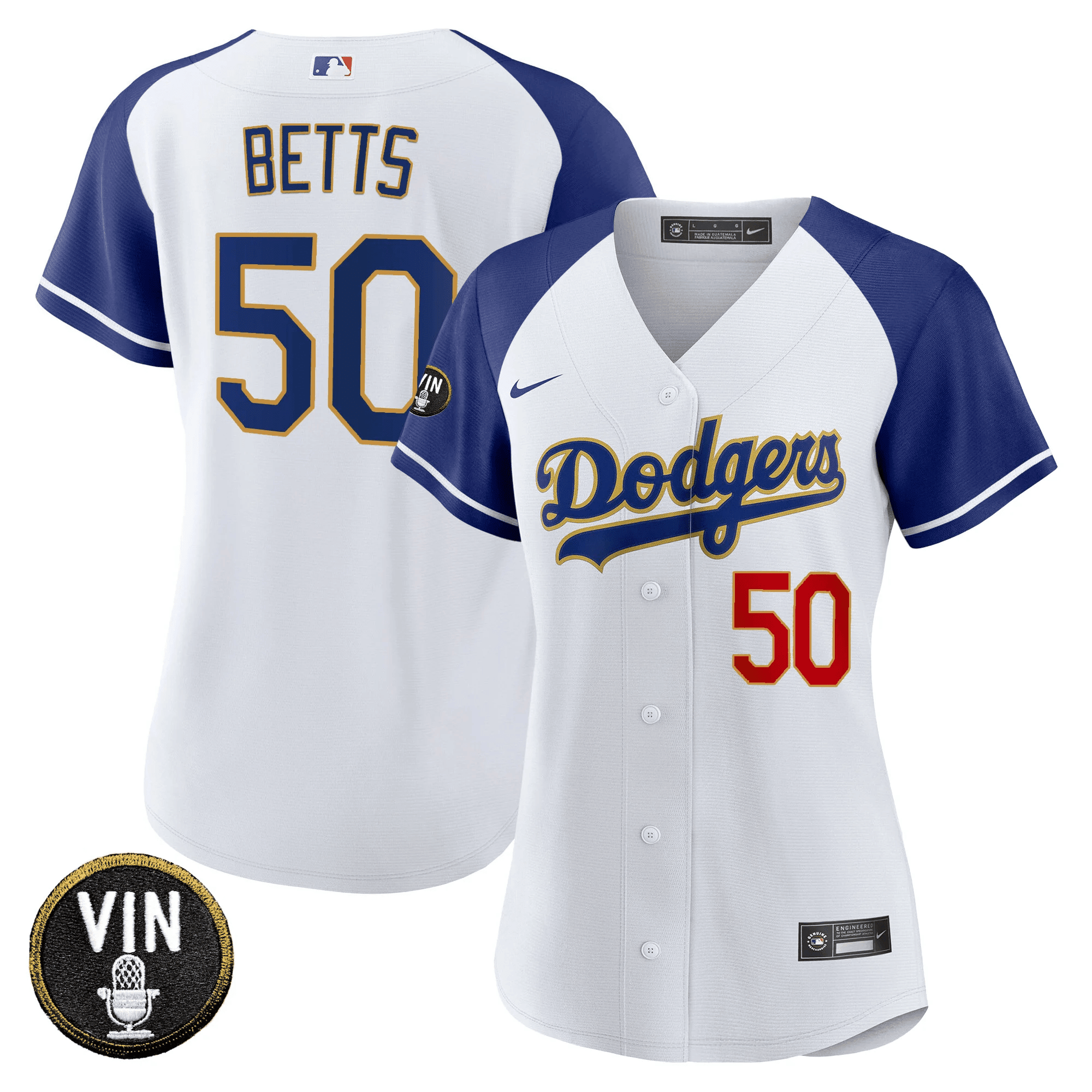 Mookie Betts Women's Los Angeles Dodgers Vin Scully Patch Gold Trim Alternate White Jersey - All Stitched