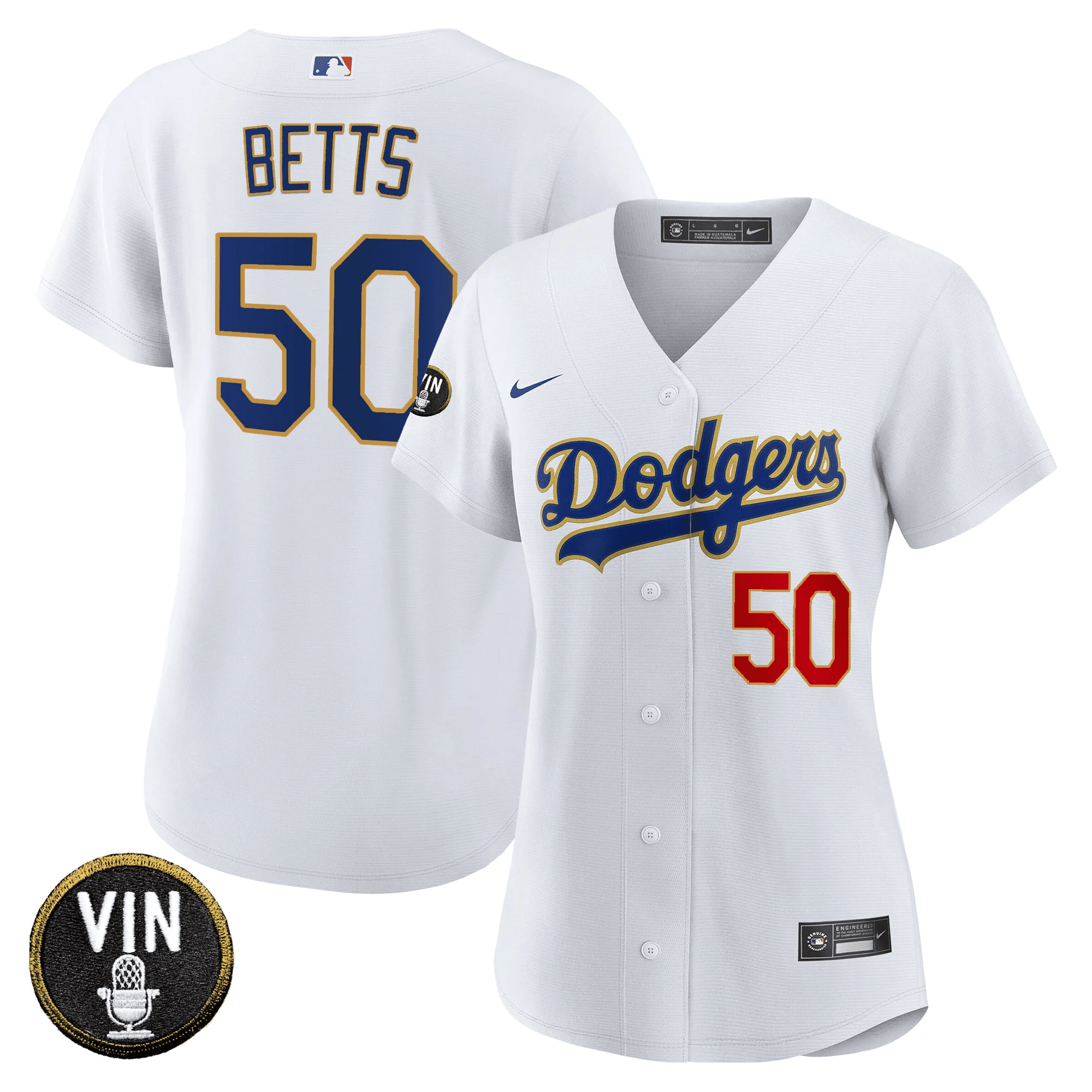 Mookie Betts Women's Los Angeles Dodgers Vin Scully Patch Gold Trim White Jersey - All Stitched