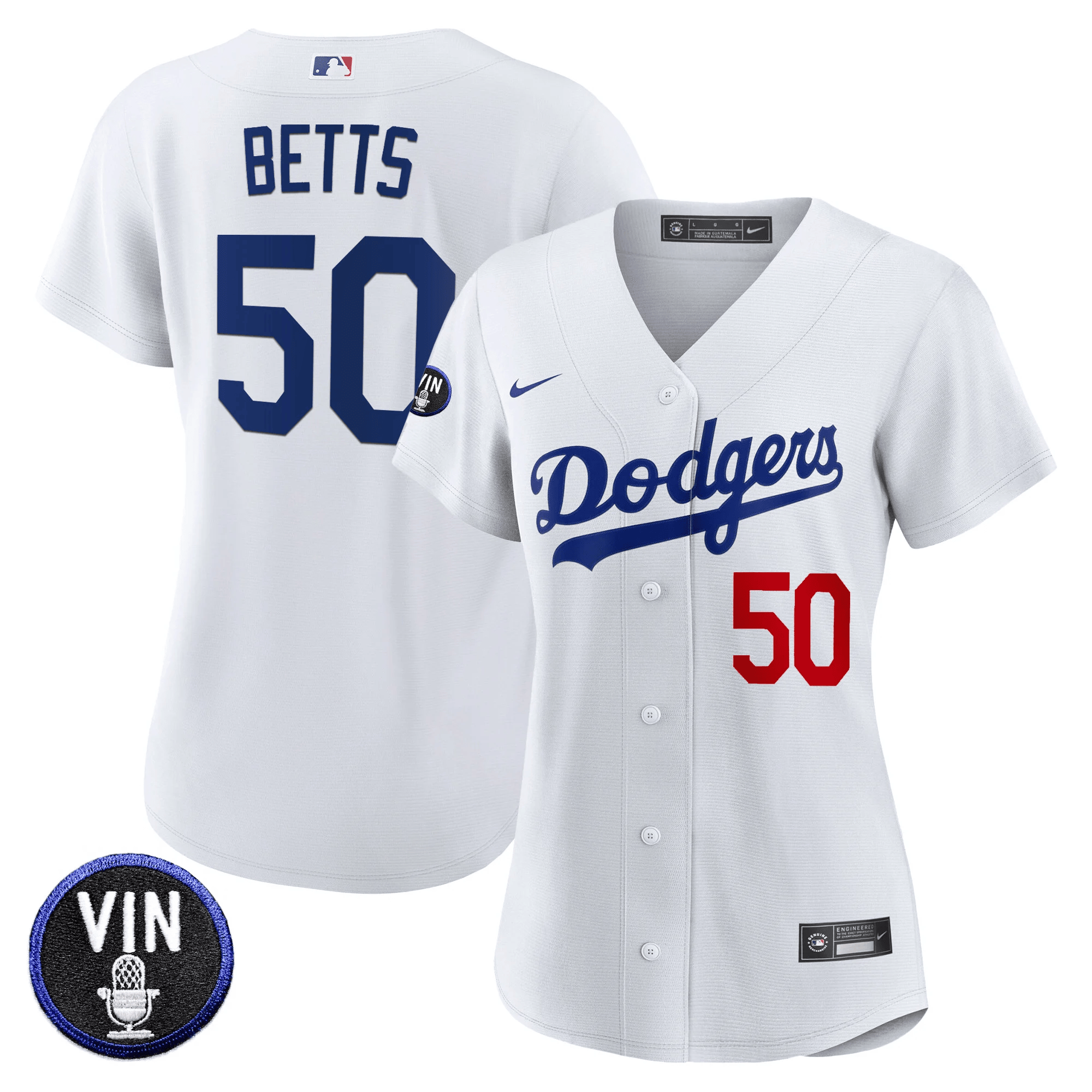 Mookie Betts Women's Los Angeles Dodgers Vin Scully Patch White Jersey - All Stitched
