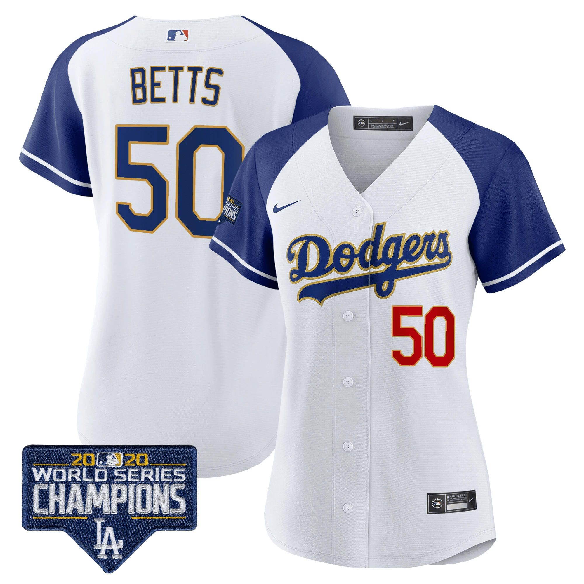 Mookie Betts Women's Los Angeles Dodgers World Series Champions Patch Gold Trim Alternate White Jersey - All Stitched