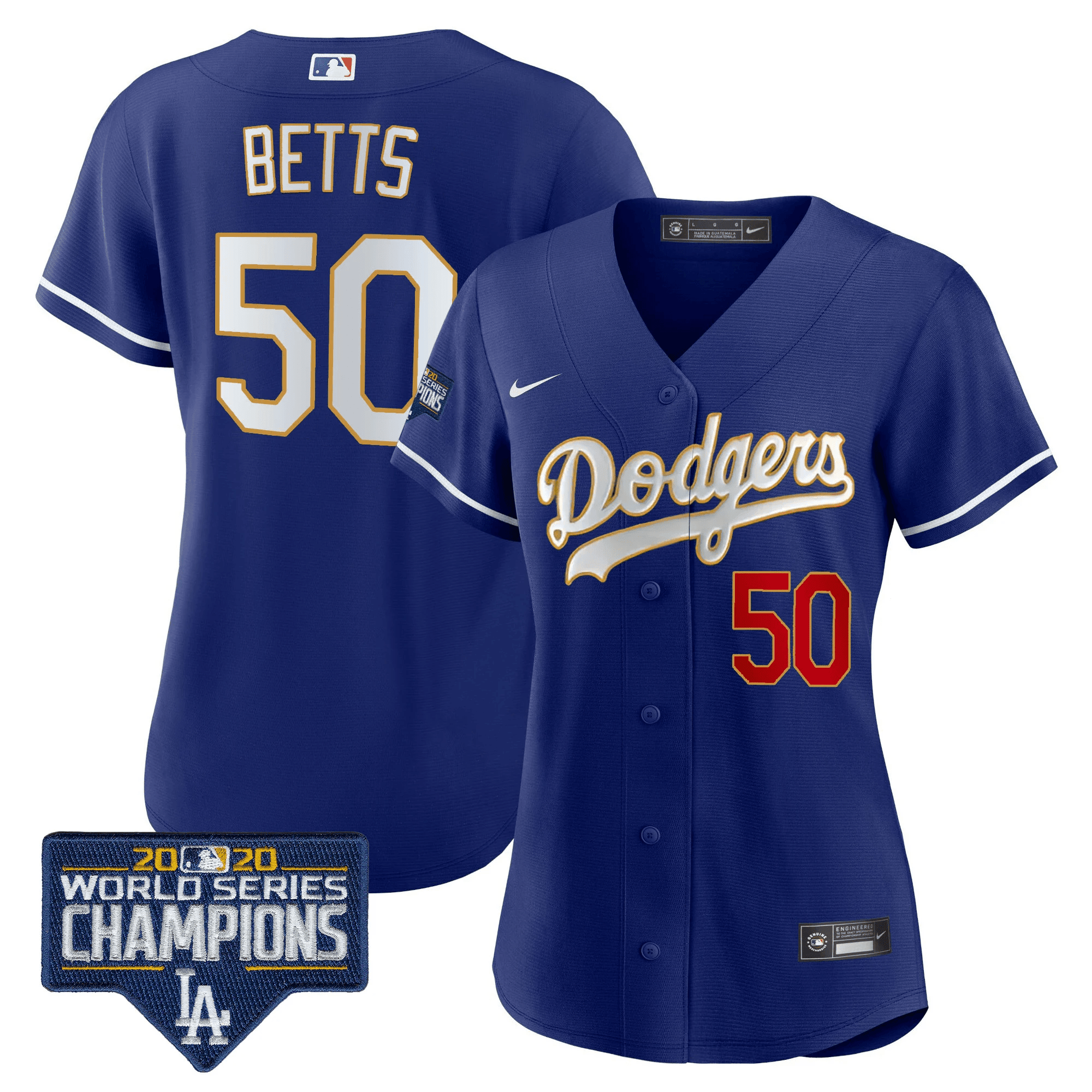 Mookie Betts Women's Los Angeles Dodgers World Series Champions Patch Gold Trim Royal Jersey - All Stitched