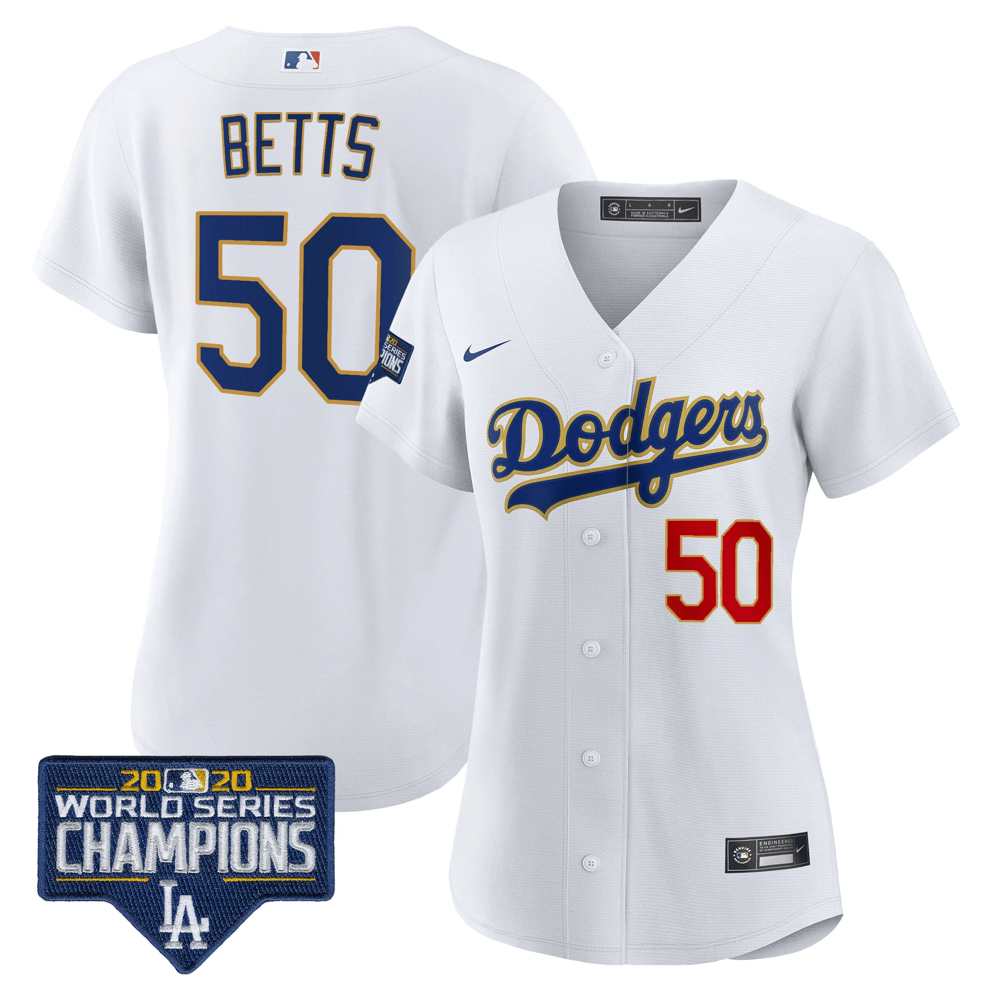 Mookie Betts Women's Los Angeles Dodgers World Series Champions Patch Gold Trim White Jersey - All Stitched