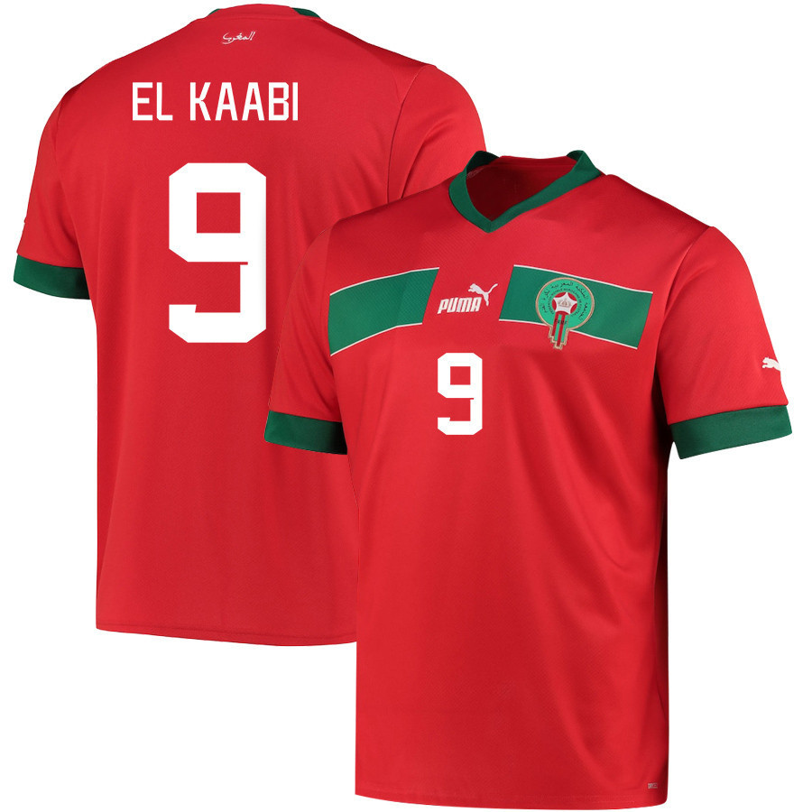Morocco National Team 2022-23 Ayoub El Kaabi 9 Qatar World Cup – Red Home Men Soccer Jersey