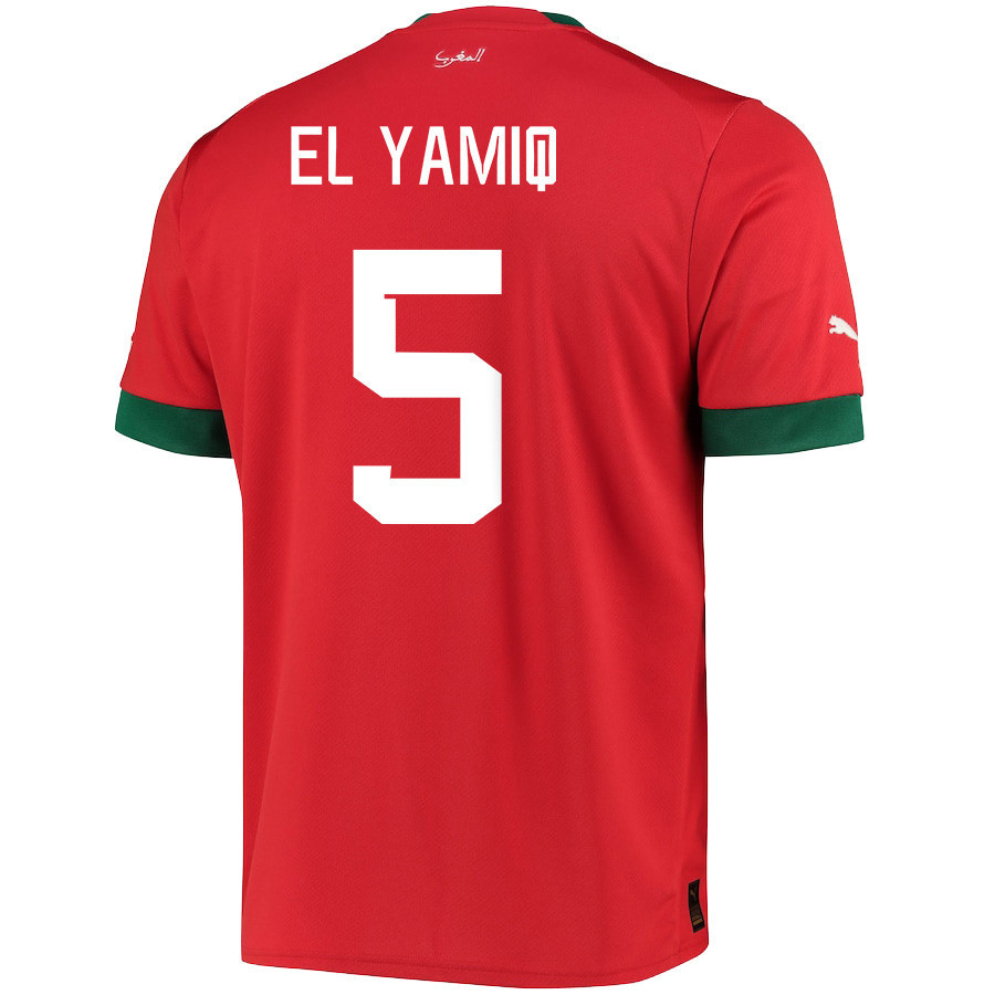 Morocco National Team 2022-23 Jawad El Yamiq 5 Qatar World Cup – Red Home Men Soccer Jersey