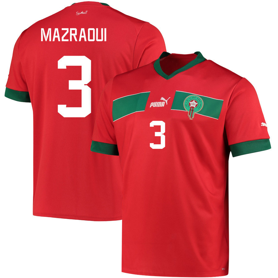 Morocco National Team 2022-23 Noussair Mazraoui 3 Qatar World Cup – Red Home Men Soccer Jersey