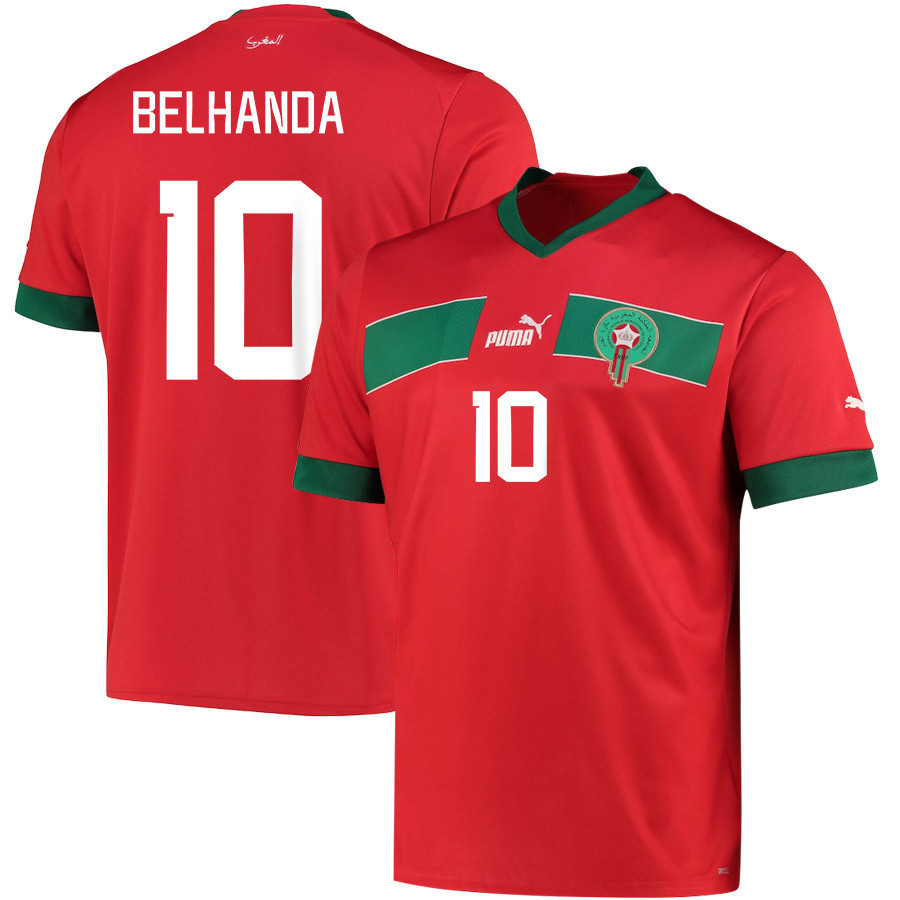 Morocco National Team 2022-23 Younès Belhanda 10 Qatar World Cup – Red Home Men Soccer Jersey