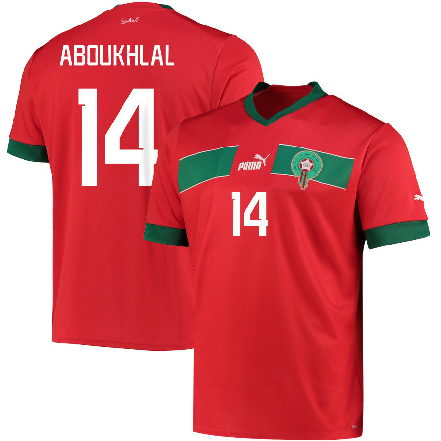 Morocco National Team 2022-23 Zakaria Aboukhlal 14 Qatar World Cup – Red Home Men Soccer Jersey