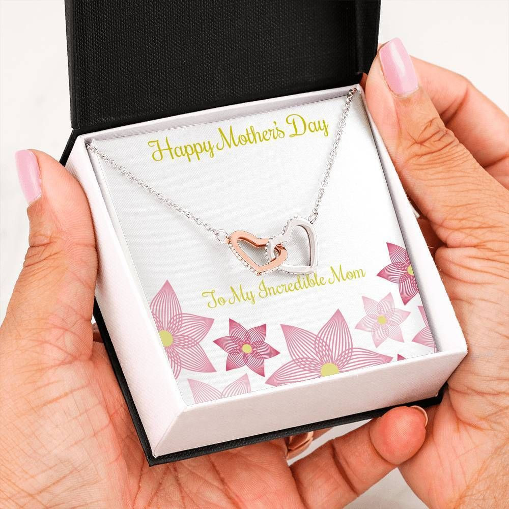 Mother’s Day Pink Flower Hand Drawn Interlocking Hearts Necklace Gift For Mom