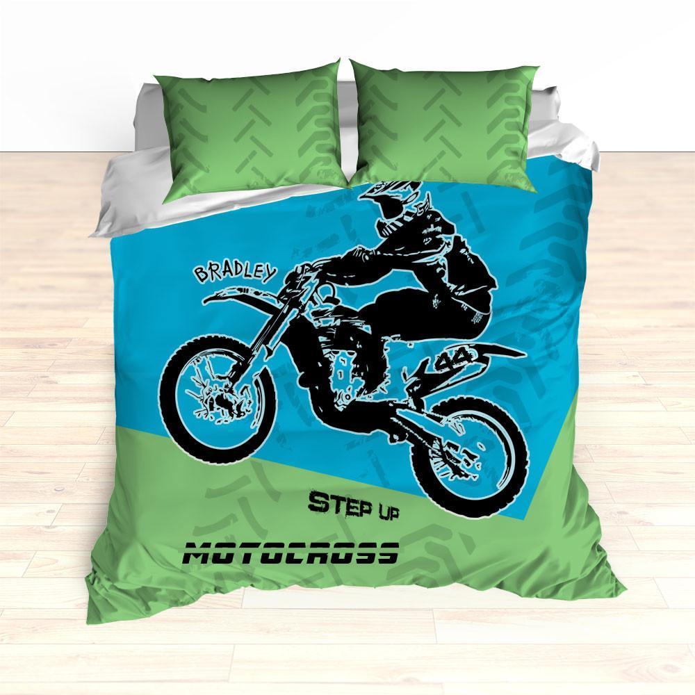 Motocross Personalized , Dirt Bike, Freestyle, Green, Blue Duvet Cover Bedding Set