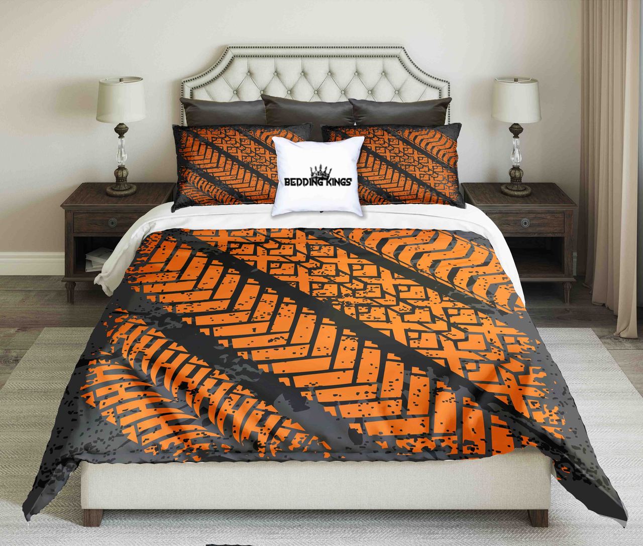 Motocycle Orange Tyres Print On Black Background Kings 3D Customized Duvet Cover Bedding Set