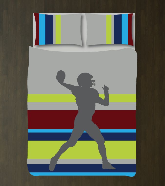 Mulit Striped Football Silhouette Customized Grey, Bright Chartreuse, Turquoise, Navy, Burgundy And Charcoal Duvet Cover Bedding Set
