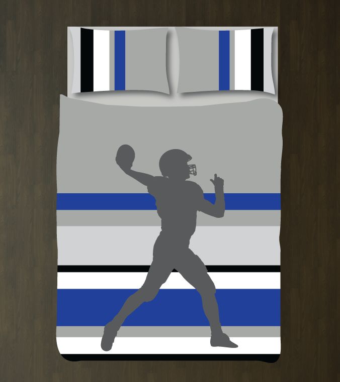 Mulit Striped Football Silhouette Customized Grey, Royal Blue, Charcoal And White Duvet Cover Bedding Set