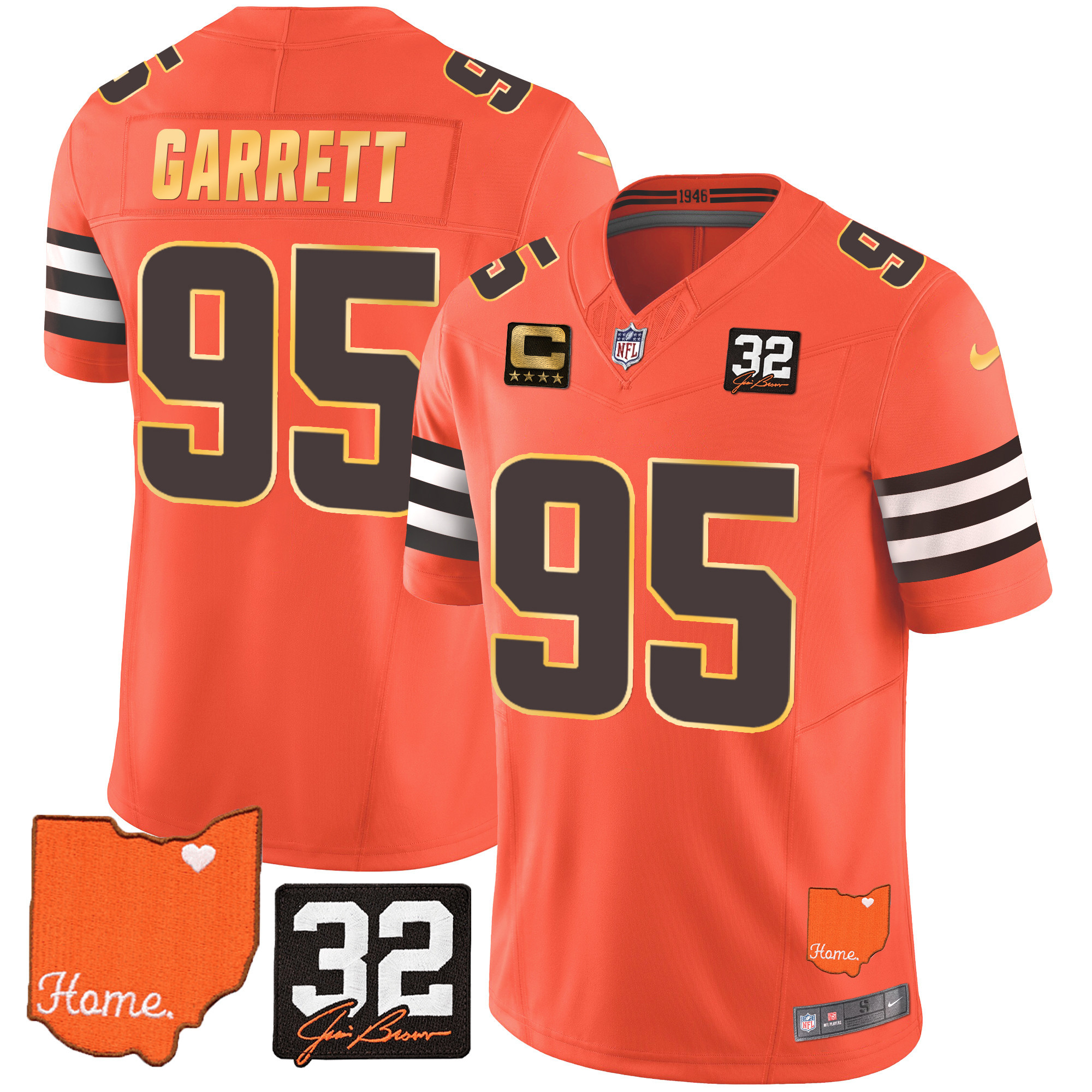 Myles Garrett Men's Cleveland Browns #32 Jim Brown Memorial & Home Patch Gold Trim Orange Jersey - All Stitched