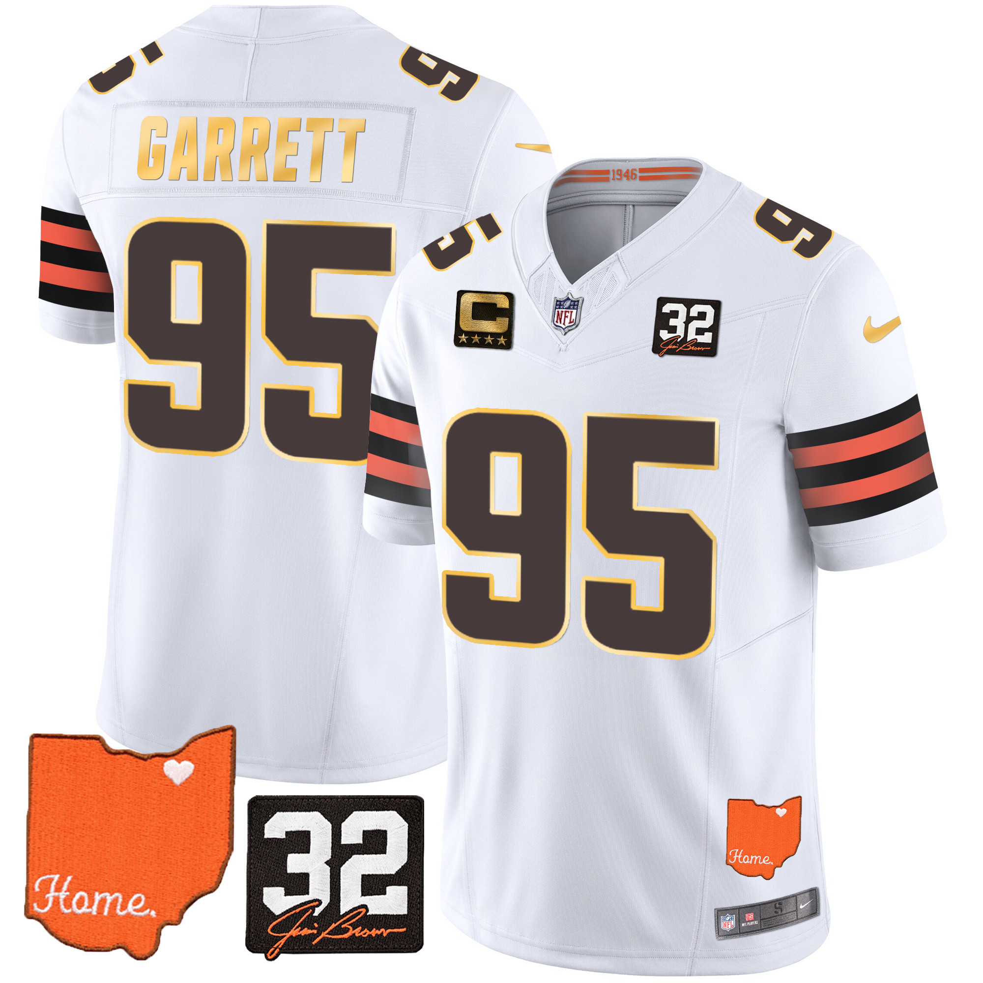 Myles Garrett Men's Cleveland Browns #32 Jim Brown Memorial & Home Patch Gold Trim White Jersey - All Stitched