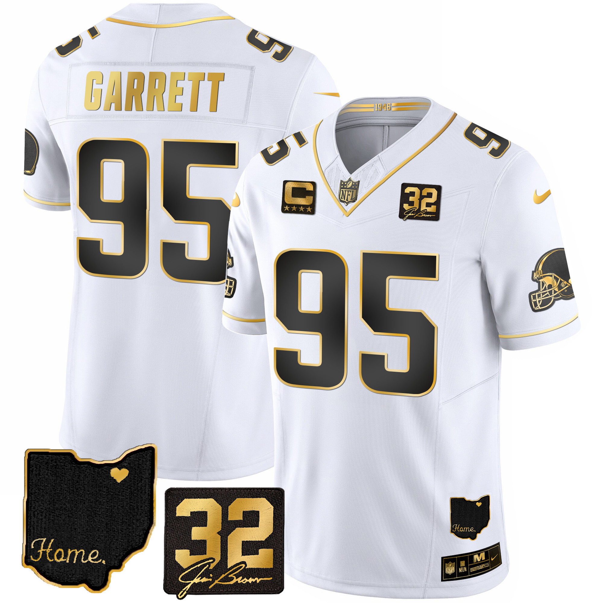 Myles Garrett Men's Cleveland Browns #32 Jim Brown Memorial & Home Patch Gold White Gold Jersey - All Stitched