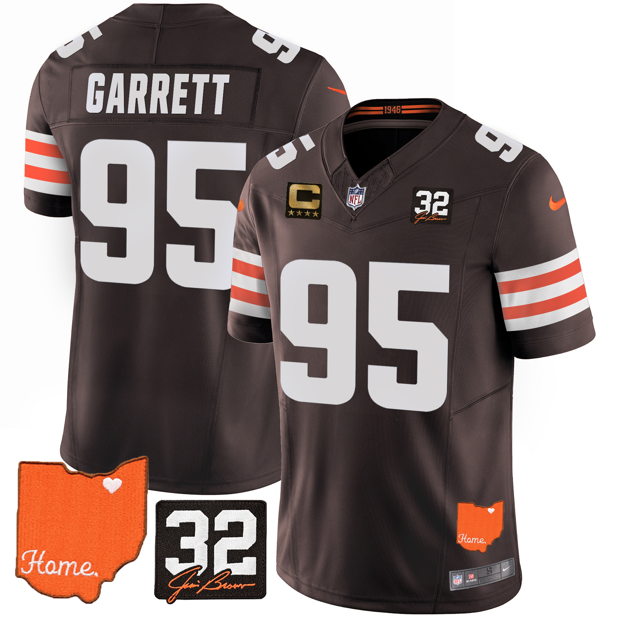 Myles Garrett Men's Cleveland Browns #32 Jim Brown Memorial & Home Patch Jersey - All Stitched