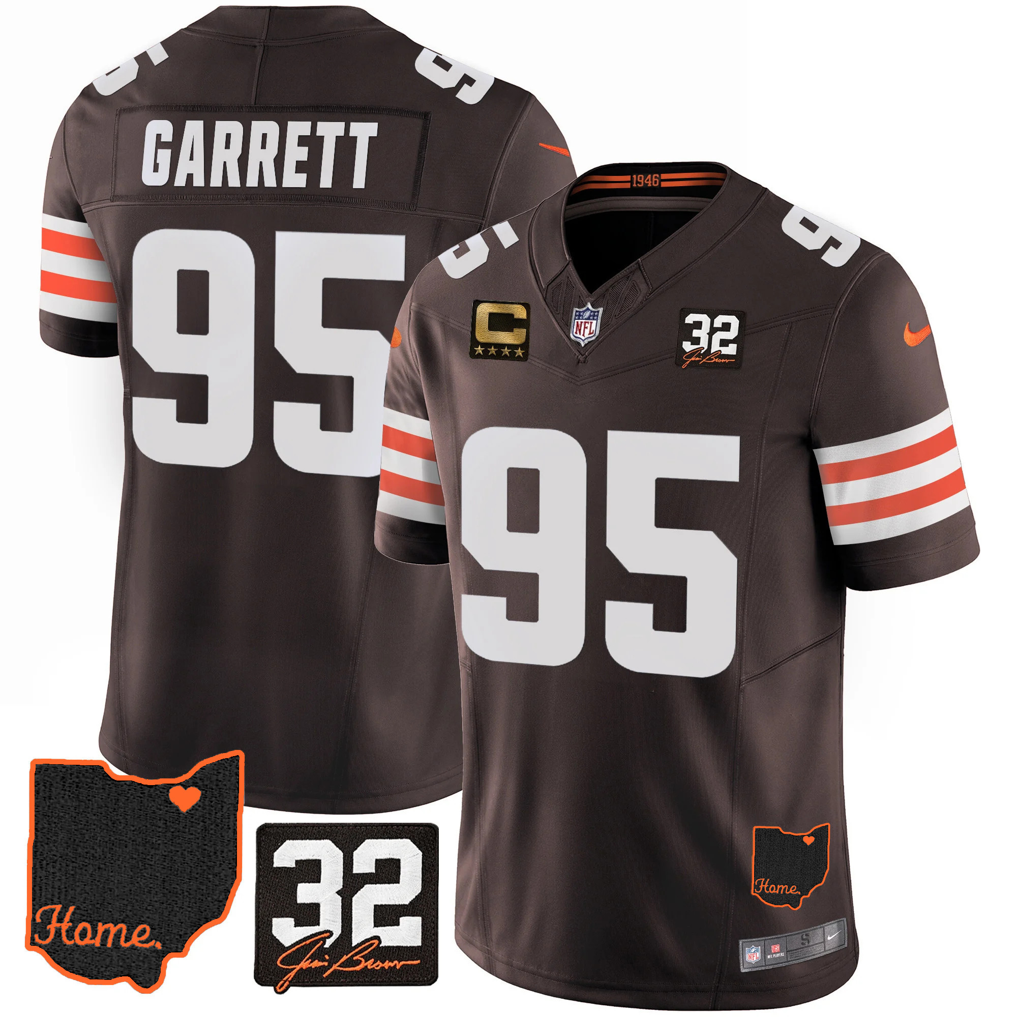 Myles Garrett Men's Cleveland Browns #32 Jim Brown Memorial & Home Patch V3 Jersey - All Stitched