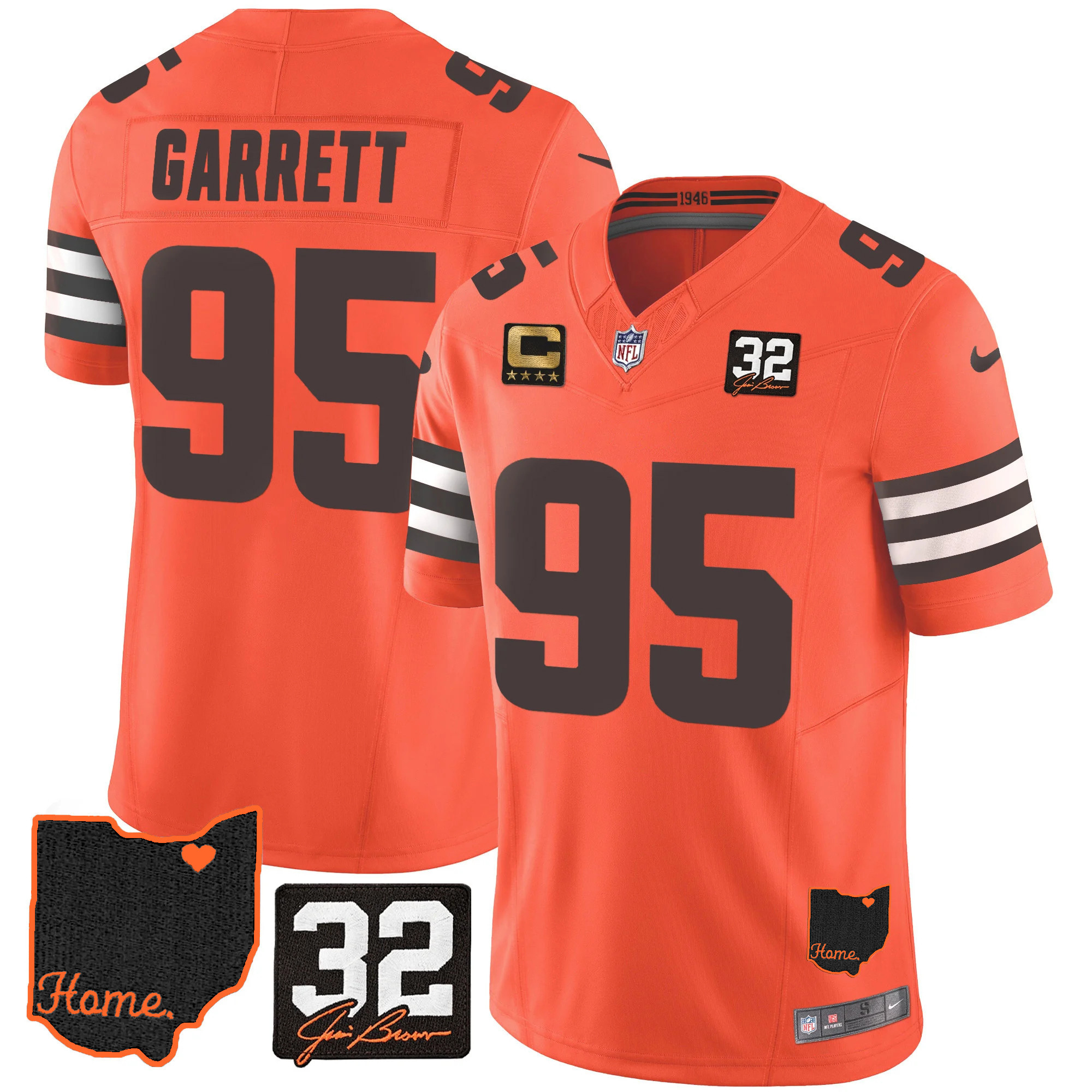 Myles Garrett Men's Cleveland Browns #32 Jim Brown Memorial & Home Patch V3 Orange Jersey - All Stitched