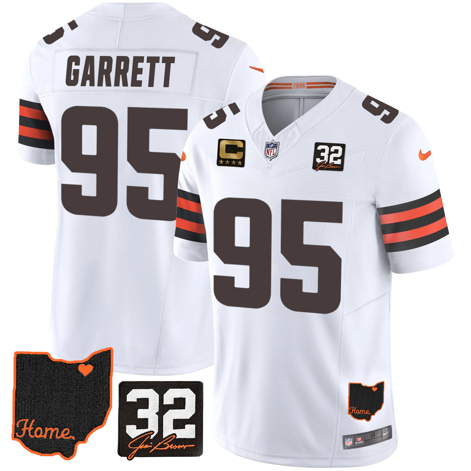 Myles Garrett Men's Cleveland Browns #32 Jim Brown Memorial & Home Patch V3 White Jersey - All Stitched