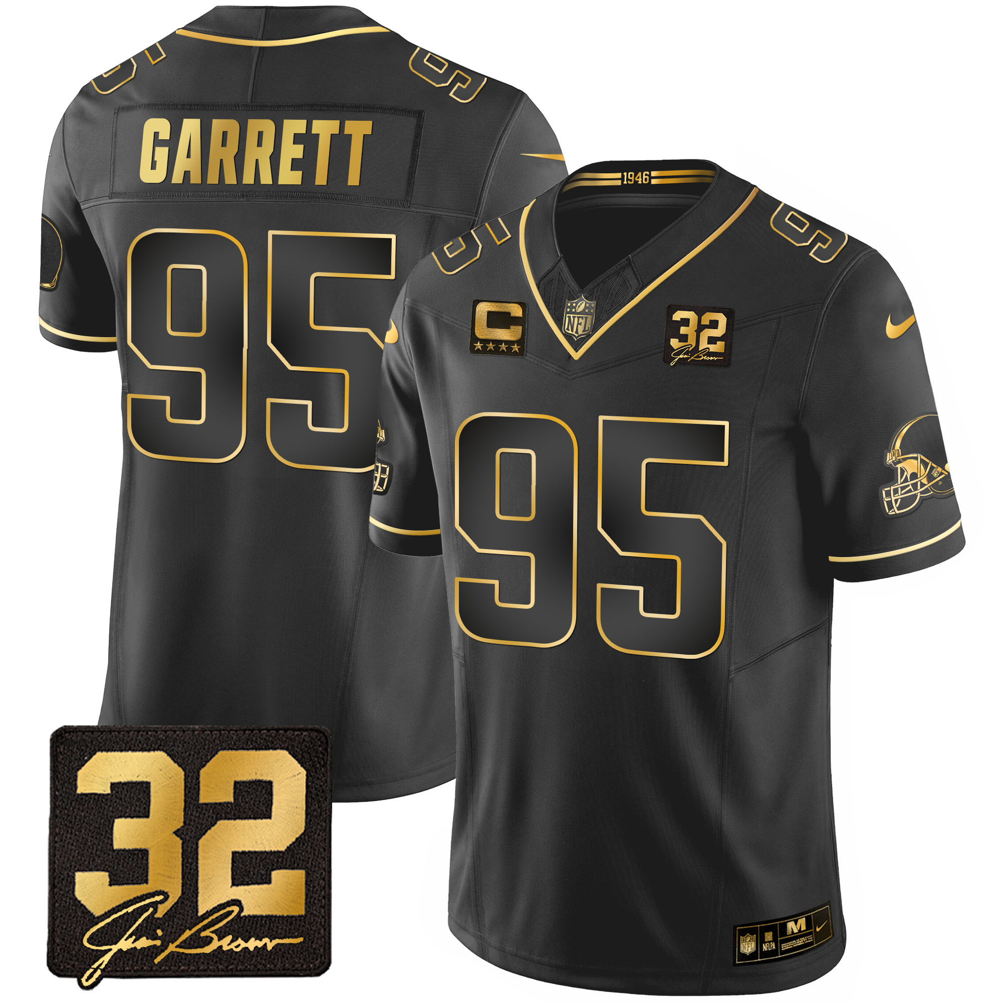 Myles Garrett Men's Cleveland Browns #32 Jim Brown Memorial Patch Gold Black Gold Jersey - All Stitched