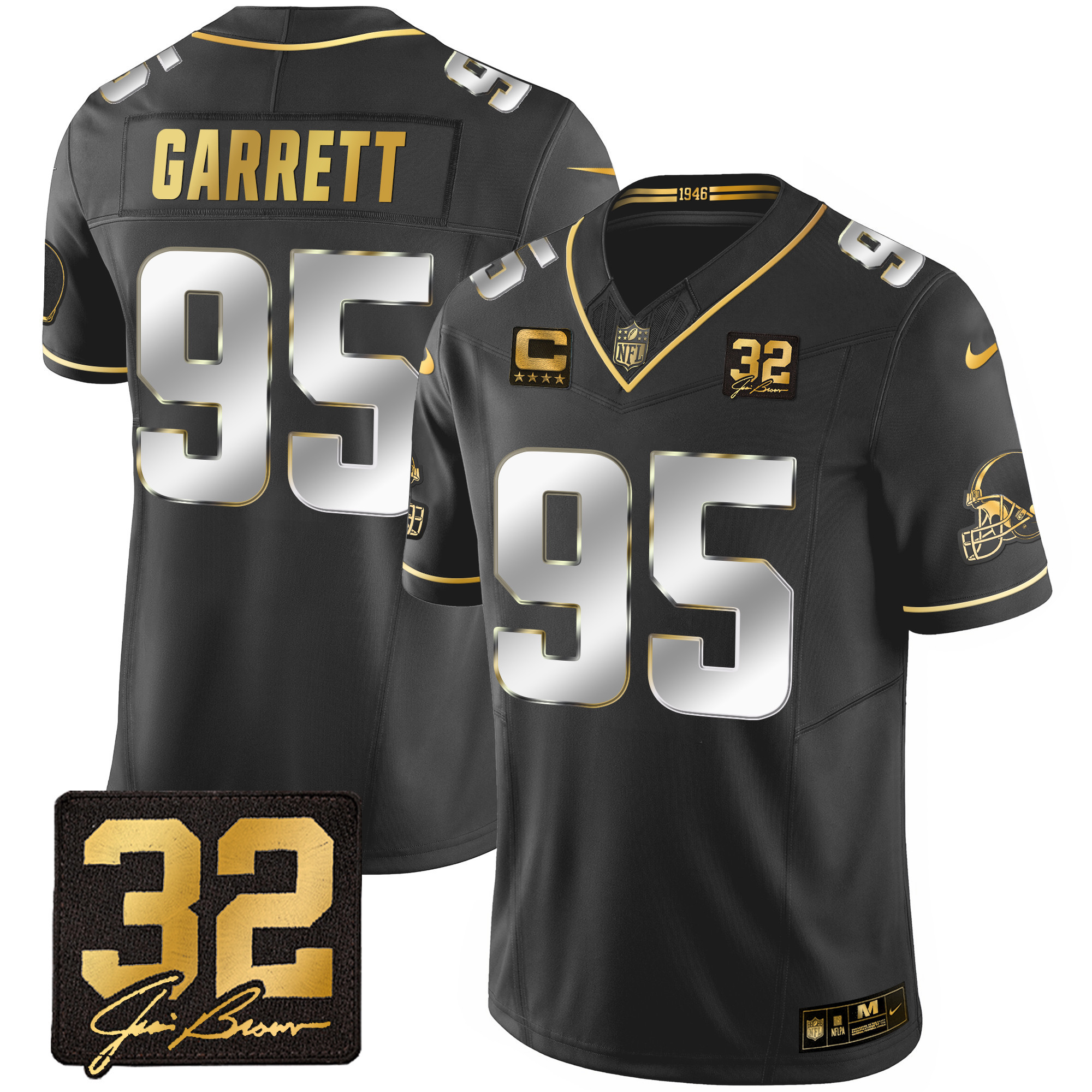 Myles Garrett Men's Cleveland Browns #32 Jim Brown Memorial Patch Gold Black Limited Jersey - All Stitched