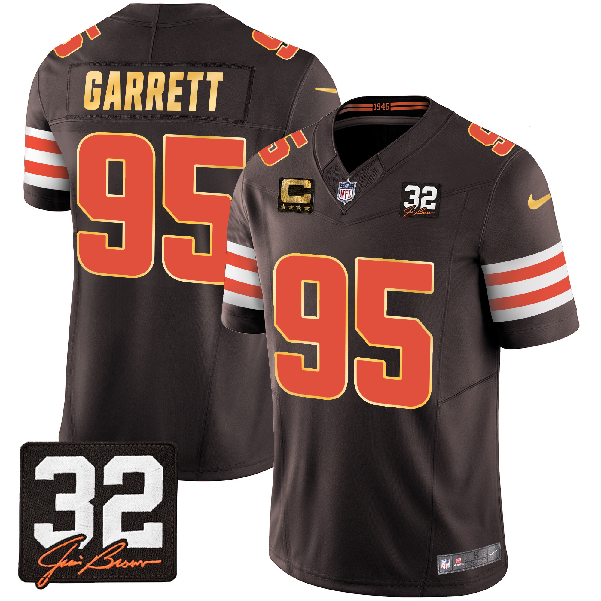 Myles Garrett Men's Cleveland Browns #32 Jim Brown Memorial Patch Gold Trim Jersey - All Stitched
