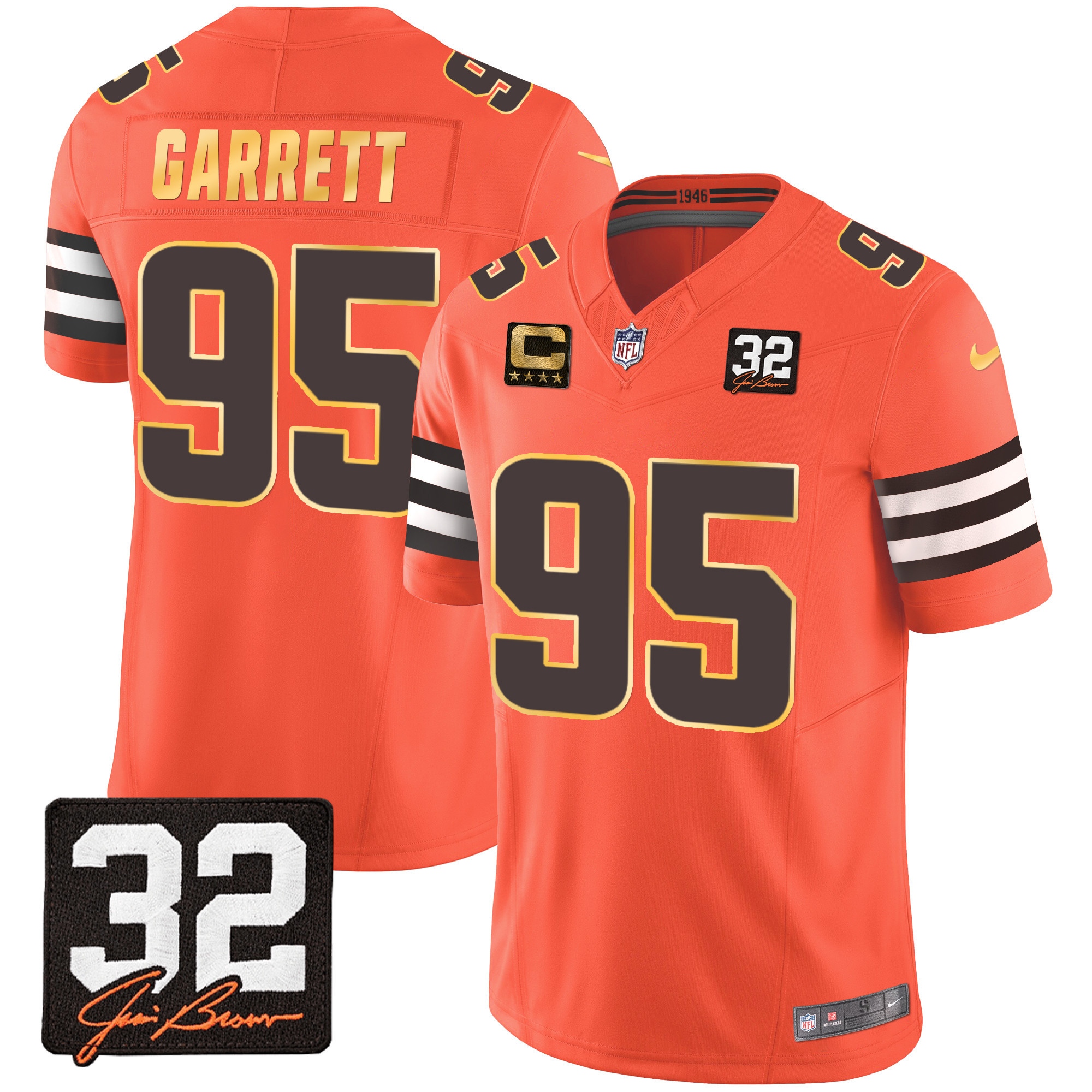Myles Garrett Men's Cleveland Browns #32 Jim Brown Memorial Patch Gold Trim Orange Jersey - All Stitched