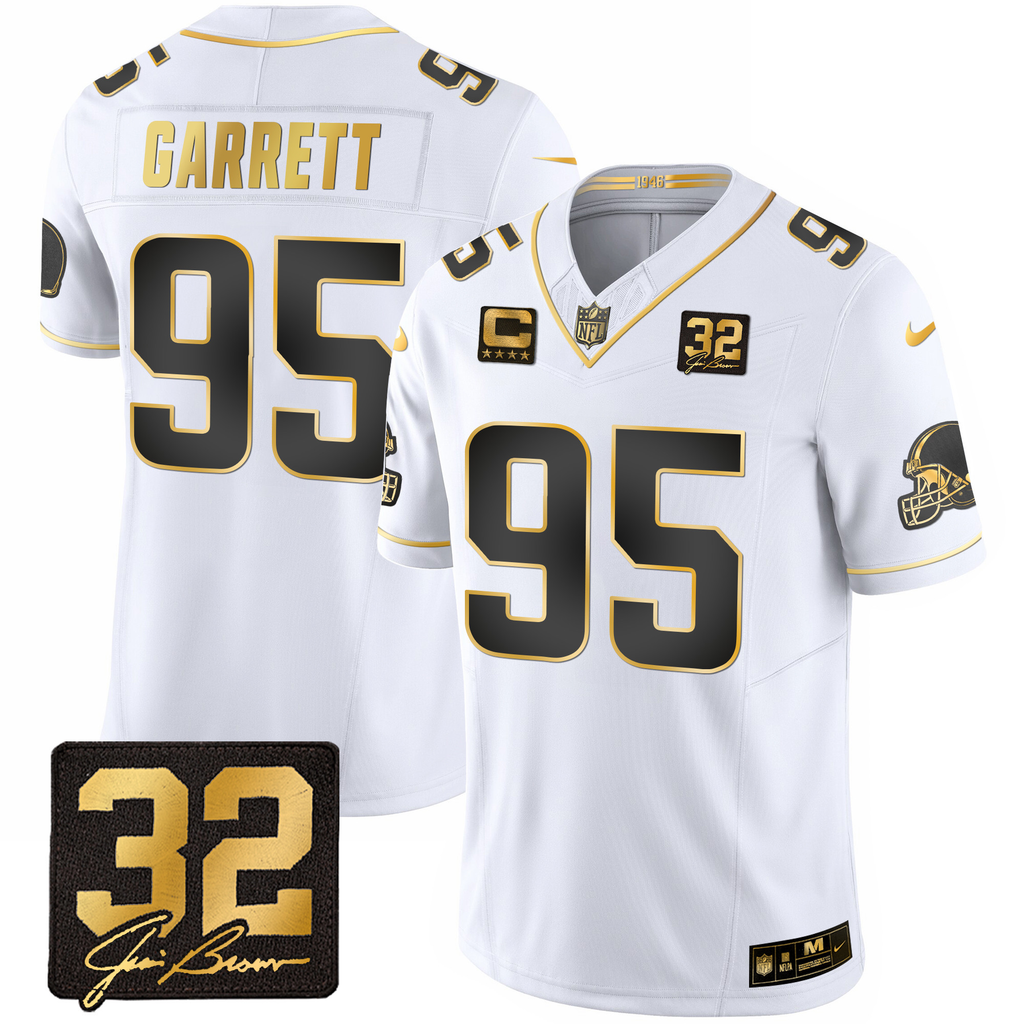 Myles Garrett Men's Cleveland Browns #32 Jim Brown Memorial Patch Gold White Gold Jersey - All Stitched