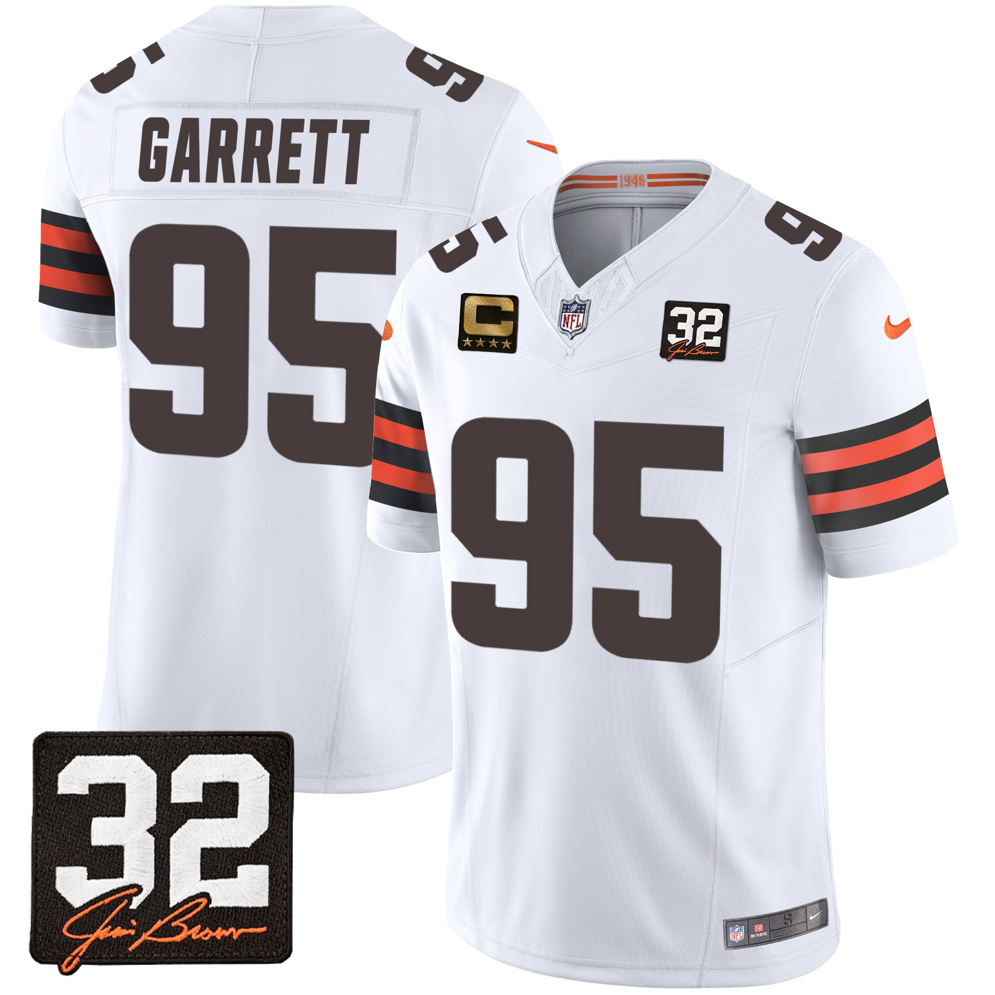 Myles Garrett Men's Cleveland Browns #32 Jim Brown Memorial Patch White Jersey - All Stitched