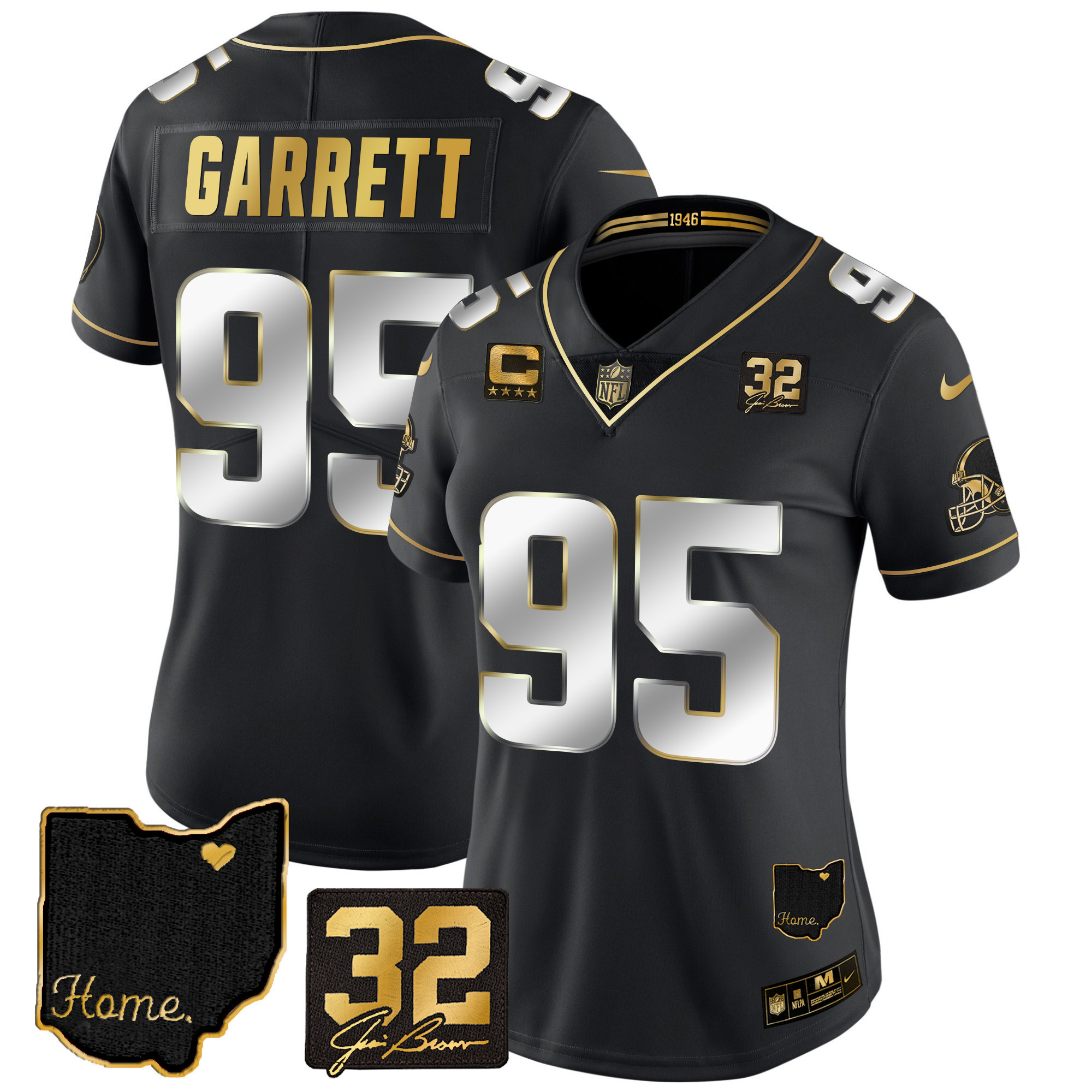 Myles Garrett Women's Cleveland Browns #32 Jim Brown Memorial & Home Patch Gold Black Limited Jersey - All Stitched