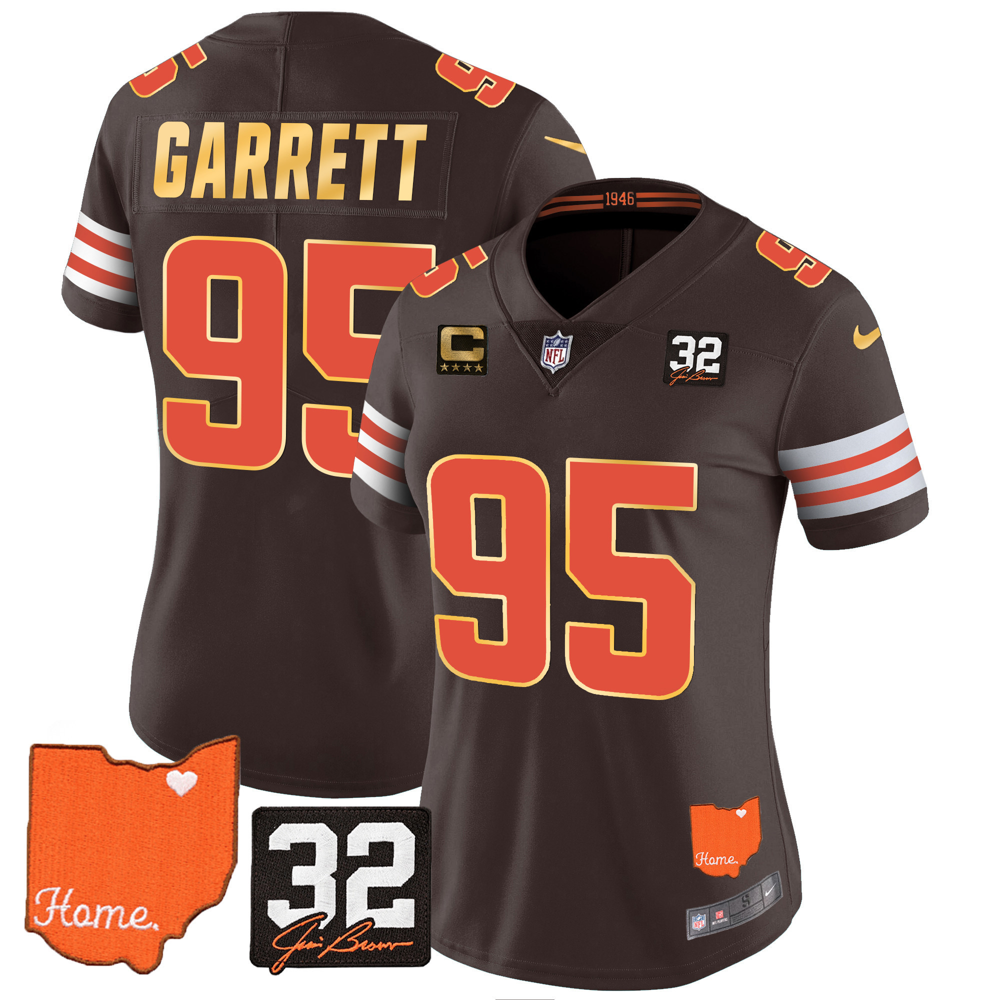 Myles Garrett Women's Cleveland Browns #32 Jim Brown Memorial & Home Patch Gold Trim Jersey - All Stitched