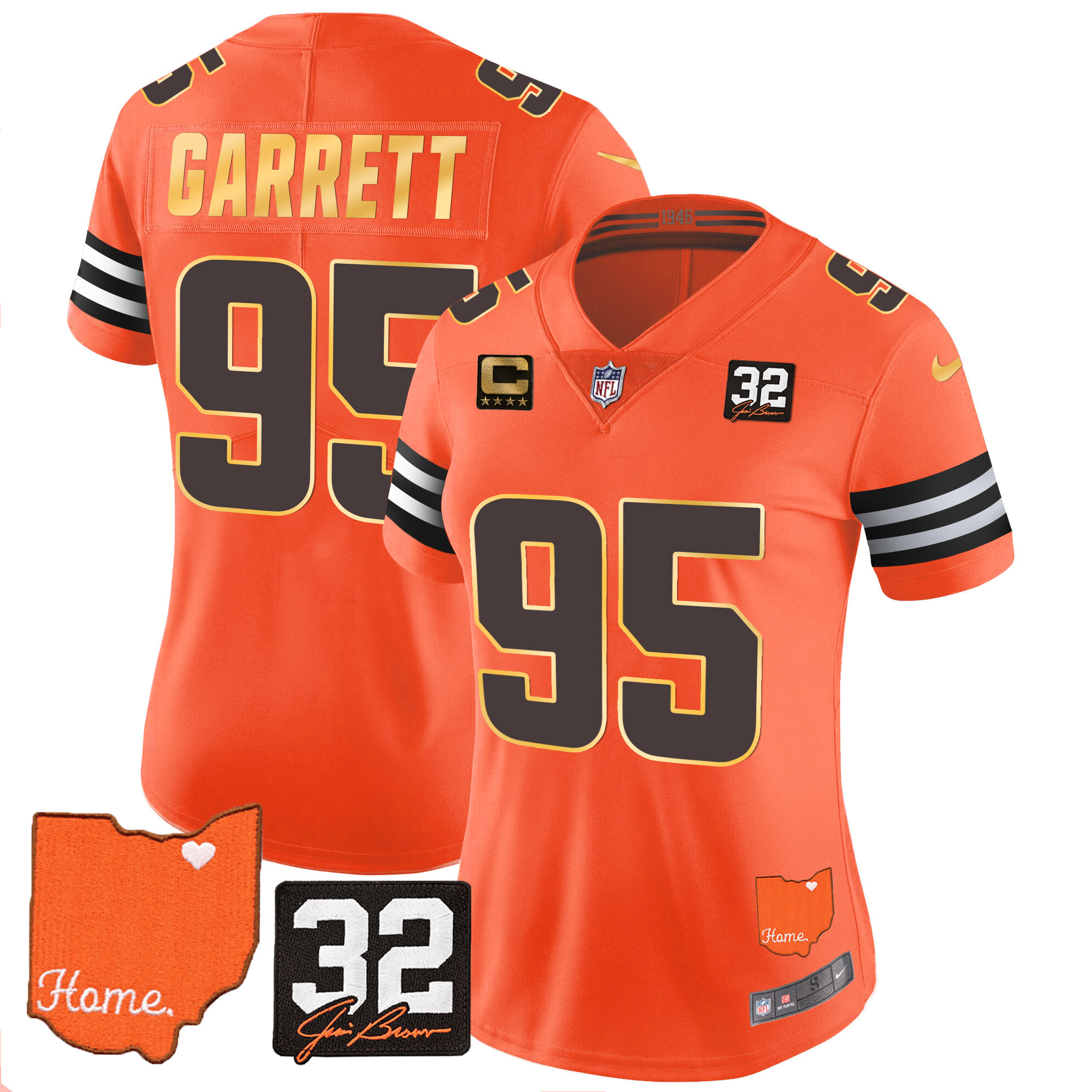 Myles Garrett Women's Cleveland Browns #32 Jim Brown Memorial & Home Patch Gold Trim Orange Jersey - All Stitched