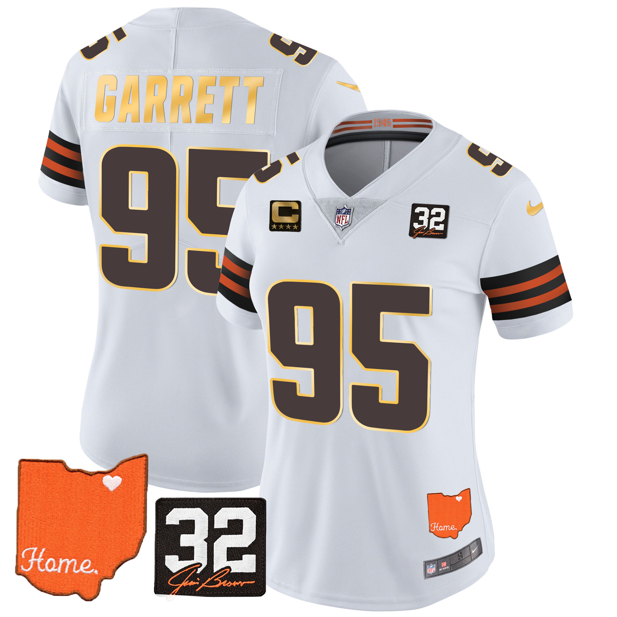 Myles Garrett Women's Cleveland Browns #32 Jim Brown Memorial & Home Patch Gold Trim White Jersey - All Stitched
