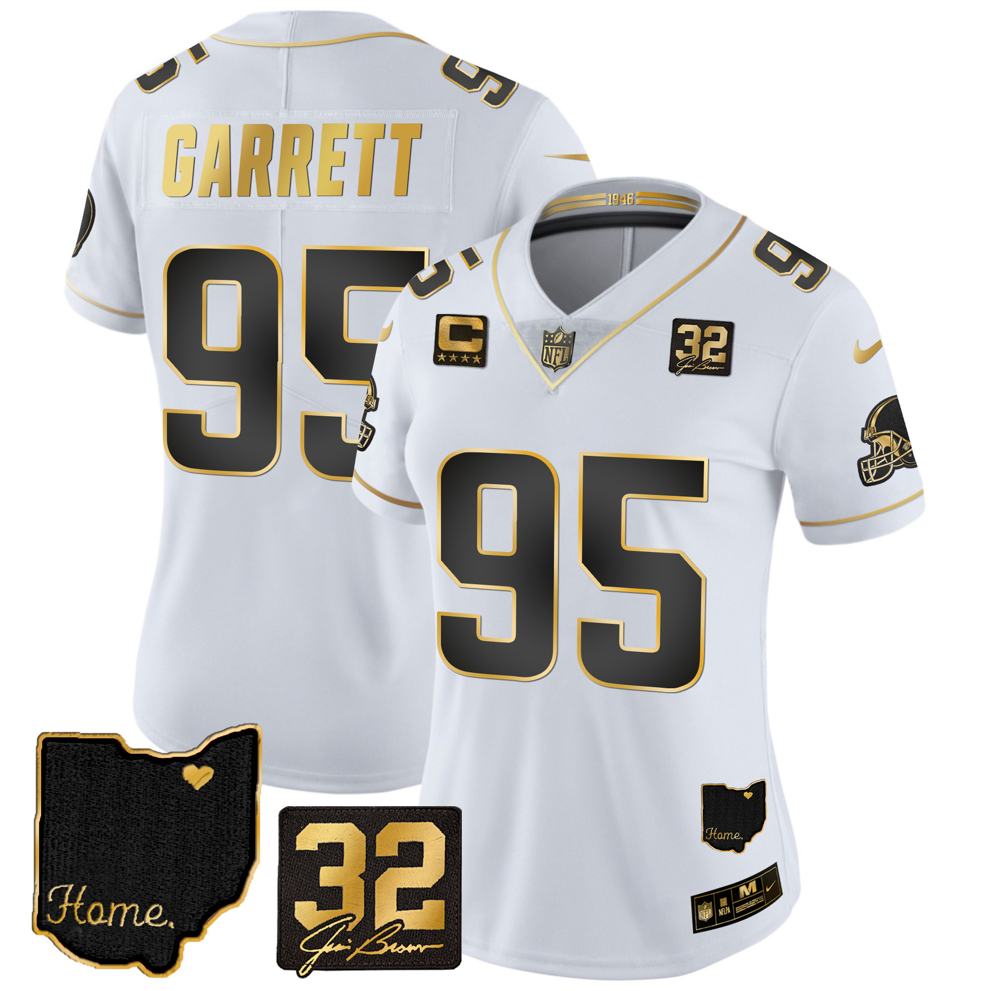 Myles Garrett Women's Cleveland Browns #32 Jim Brown Memorial & Home Patch Gold White Gold Jersey - All Stitched