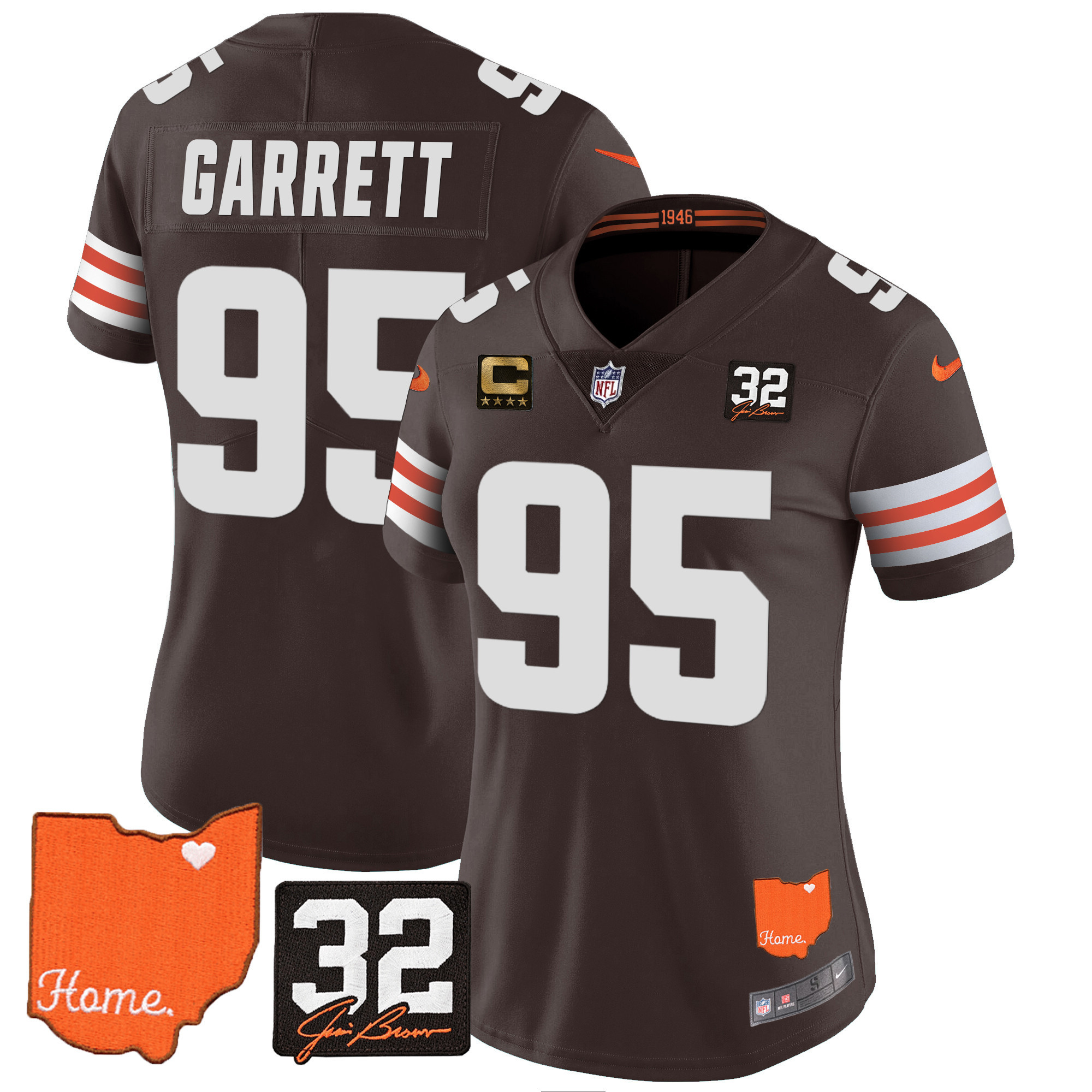Myles Garrett Women's Cleveland Browns #32 Jim Brown Memorial & Home Patch Jersey - All Stitched
