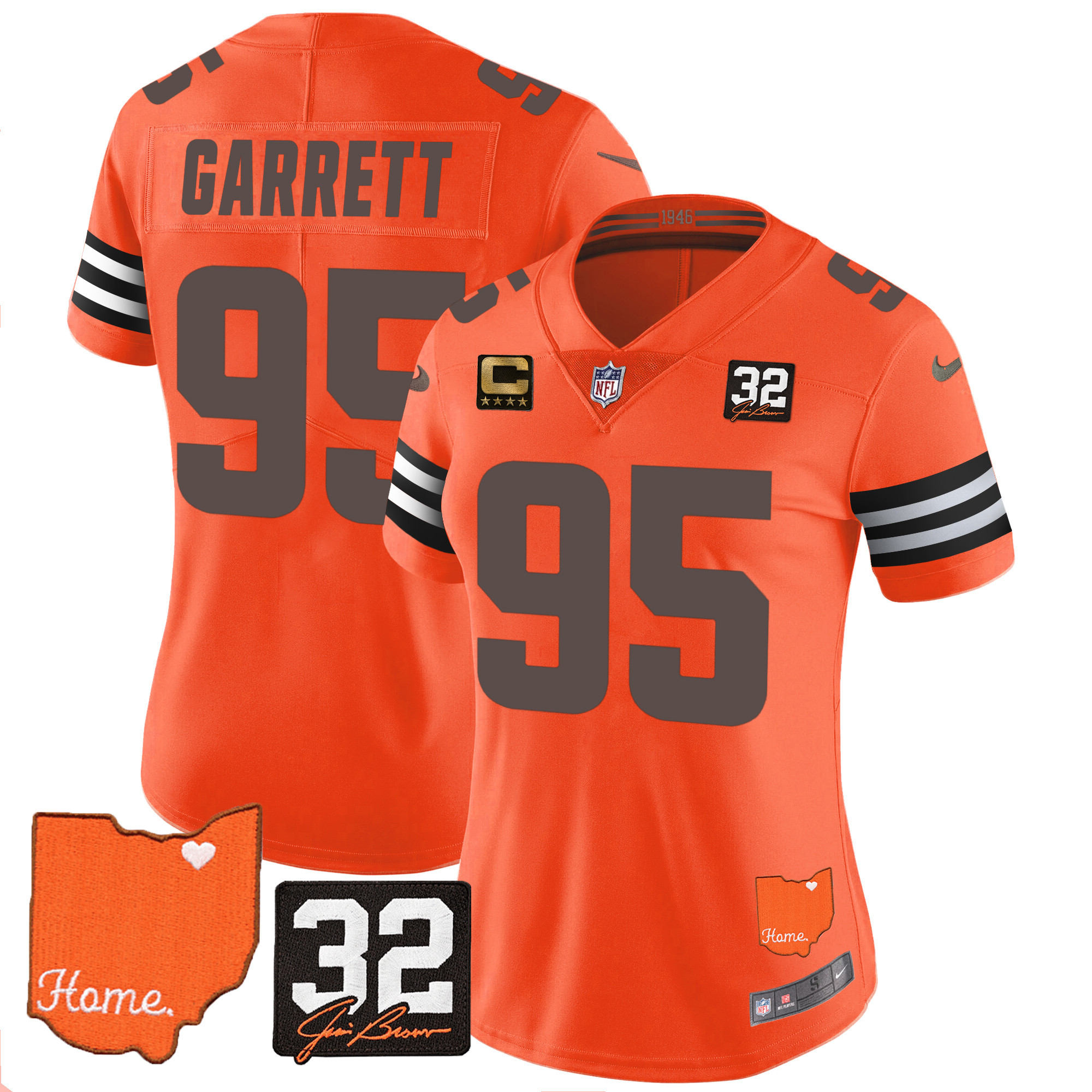 Myles Garrett Women's Cleveland Browns #32 Jim Brown Memorial & Home Patch Orange Jersey - All Stitched