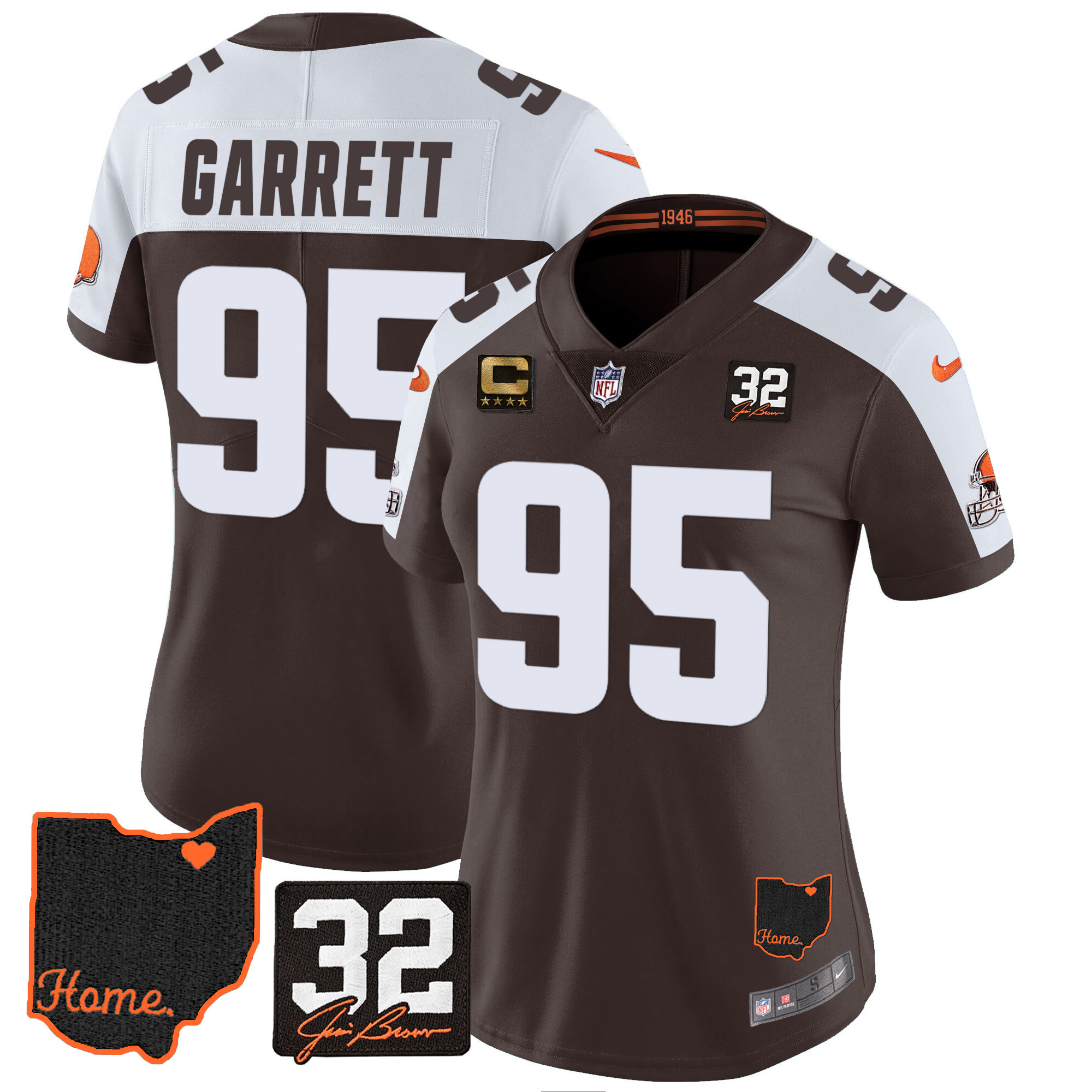 Myles Garrett Women's Cleveland Browns #32 Jim Brown Memorial & Home Patch V3 Alternate Jersey - All Stitched