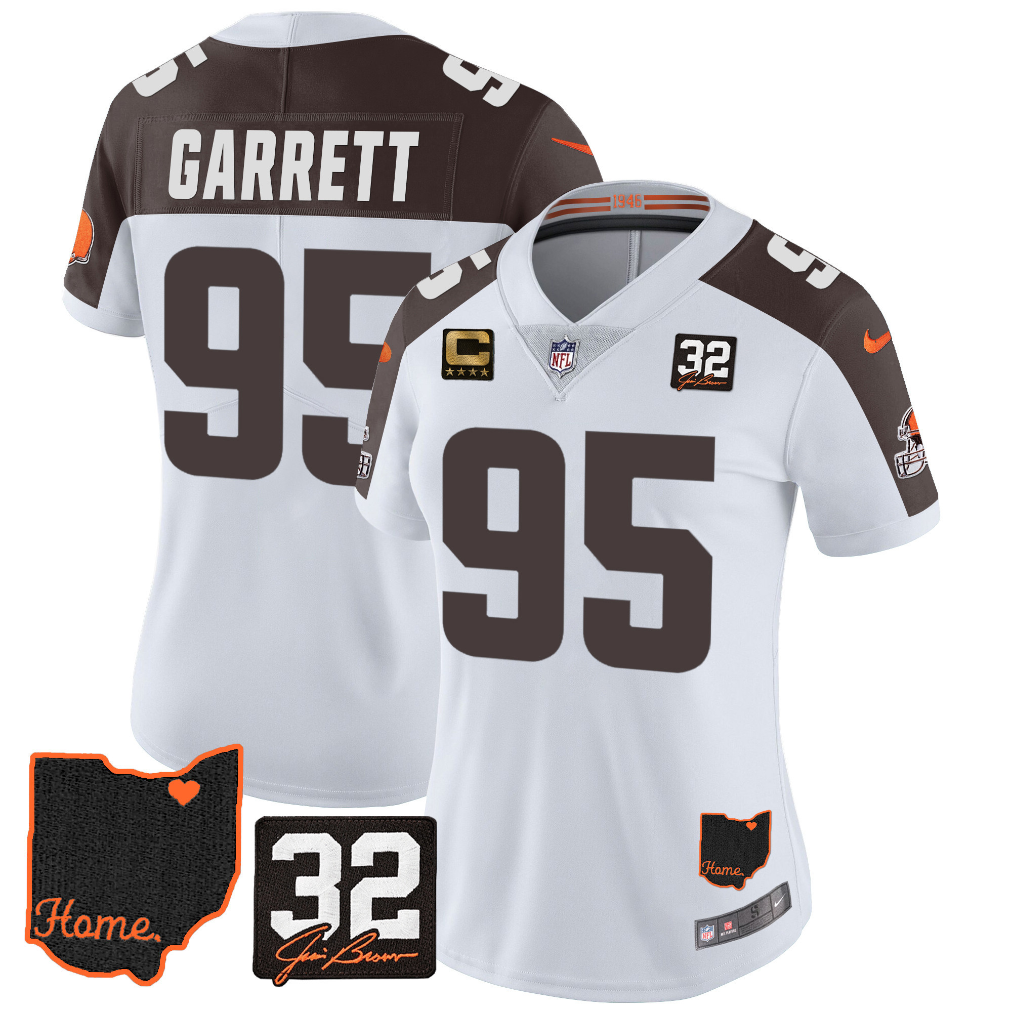 Myles Garrett Women's Cleveland Browns #32 Jim Brown Memorial & Home Patch V3 Inverted Jersey - All Stitched