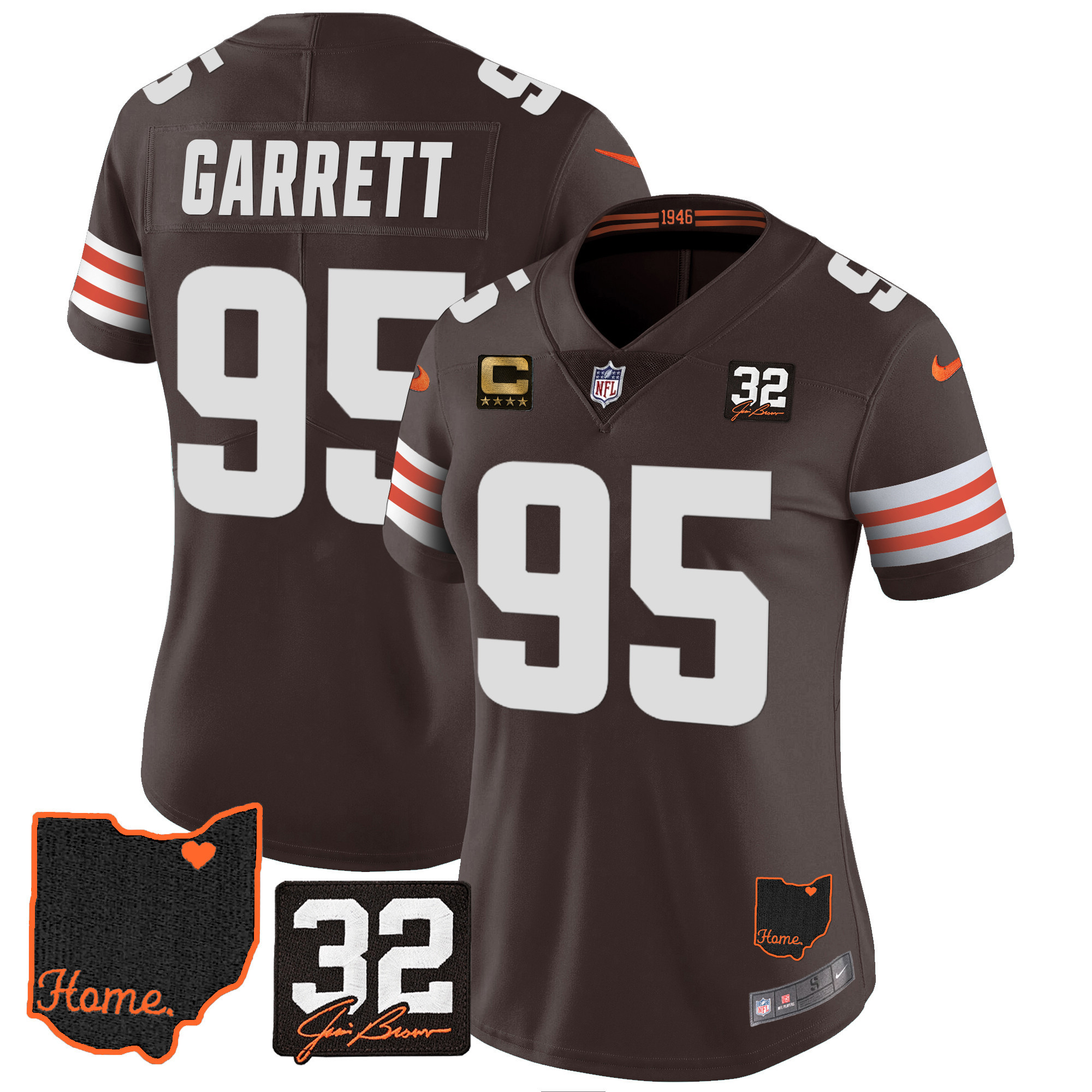 Myles Garrett Women's Cleveland Browns #32 Jim Brown Memorial & Home Patch V3 Jersey - All Stitched