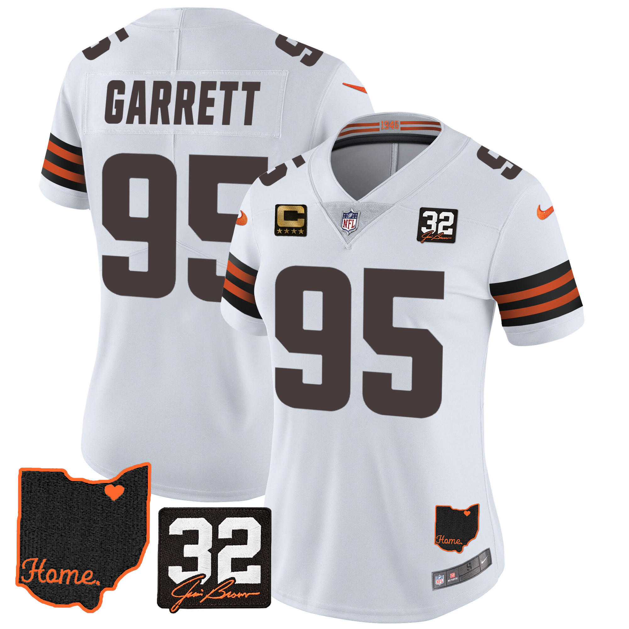 Myles Garrett Women's Cleveland Browns #32 Jim Brown Memorial & Home Patch V3 White Jersey - All Stitched