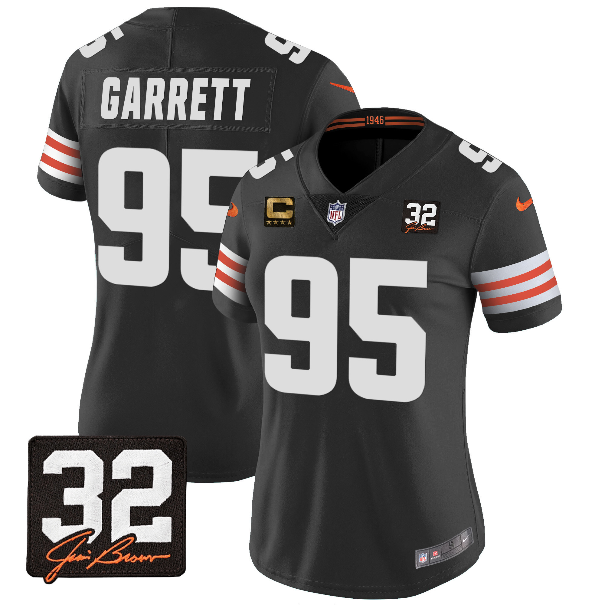 Myles Garrett Women's Cleveland Browns #32 Jim Brown Memorial Patch Black Jersey - All Stitched