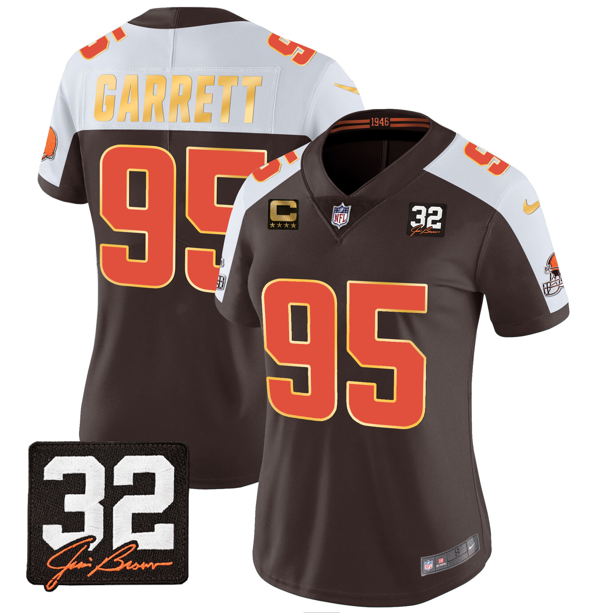 Myles Garrett Women's Cleveland Browns #32 Jim Brown Memorial Patch Gold Trim Alternate Jersey - All Stitched