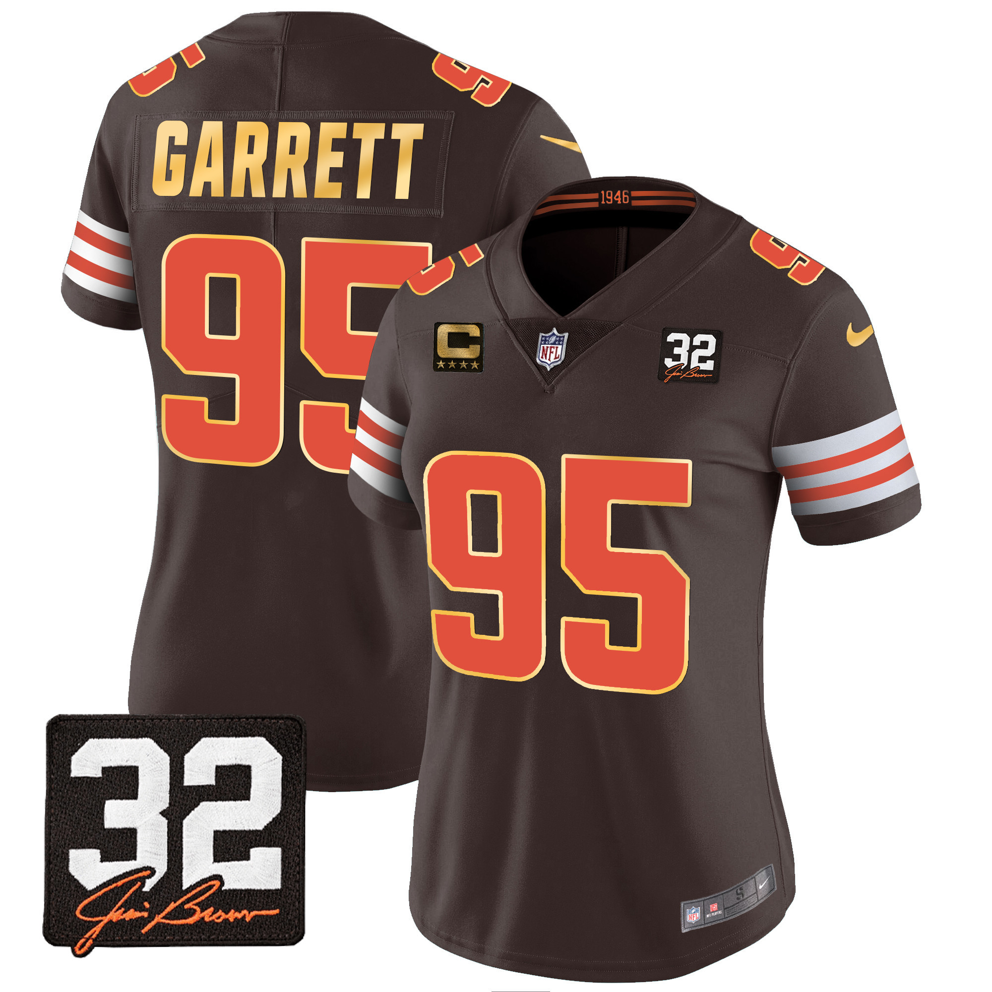 Myles Garrett Women's Cleveland Browns #32 Jim Brown Memorial Patch Gold Trim Jersey - All Stitched
