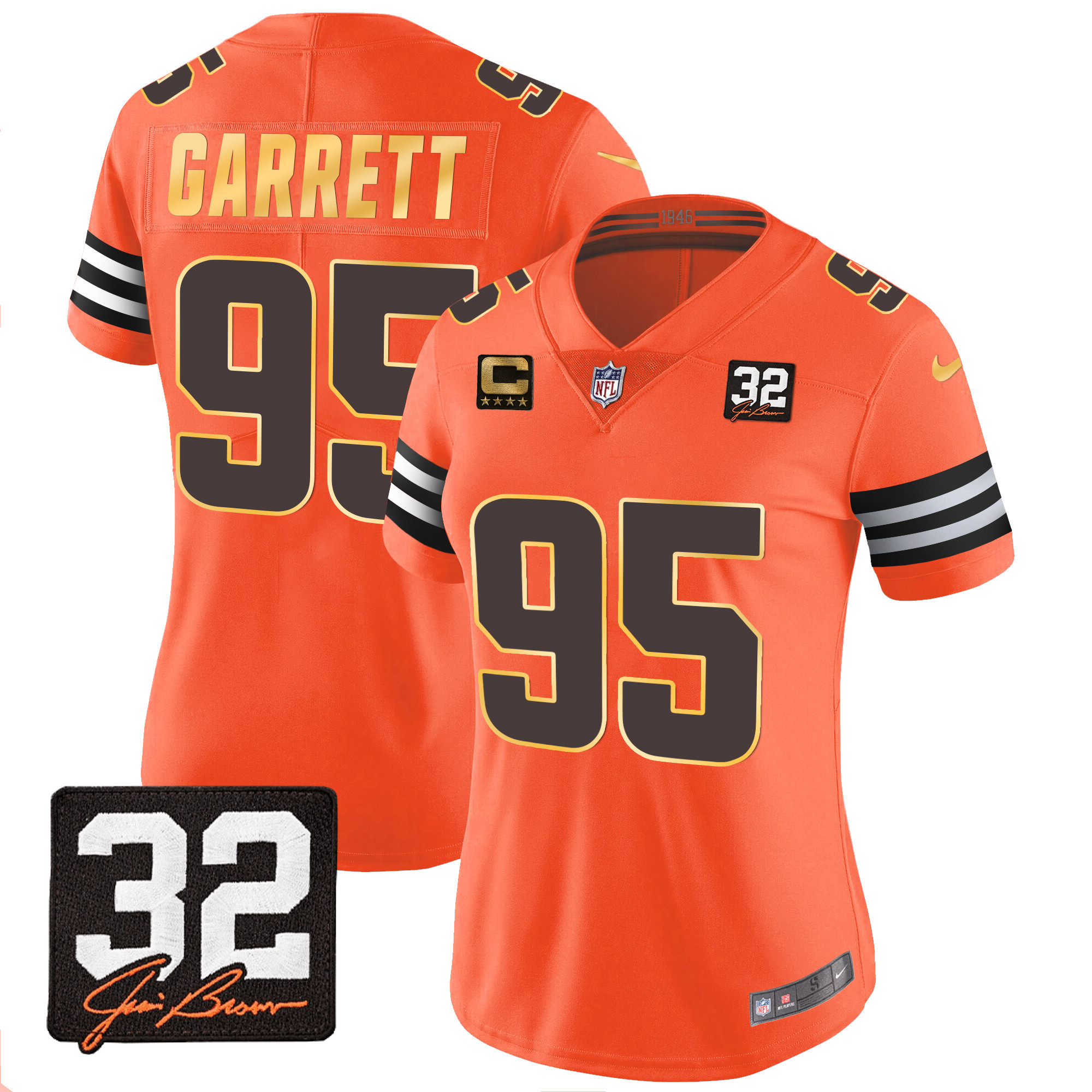 Myles Garrett Women's Cleveland Browns #32 Jim Brown Memorial Patch Gold Trim Orange Jersey - All Stitched