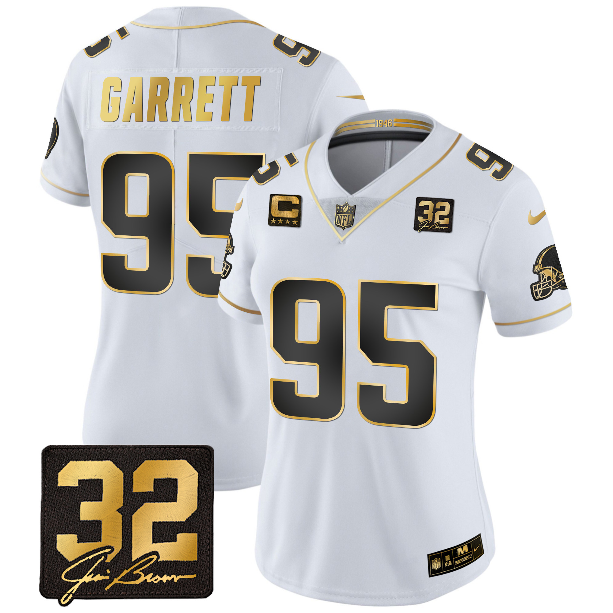 Myles Garrett Women's Cleveland Browns #32 Jim Brown Memorial Patch Gold White Gold Jersey - All Stitched