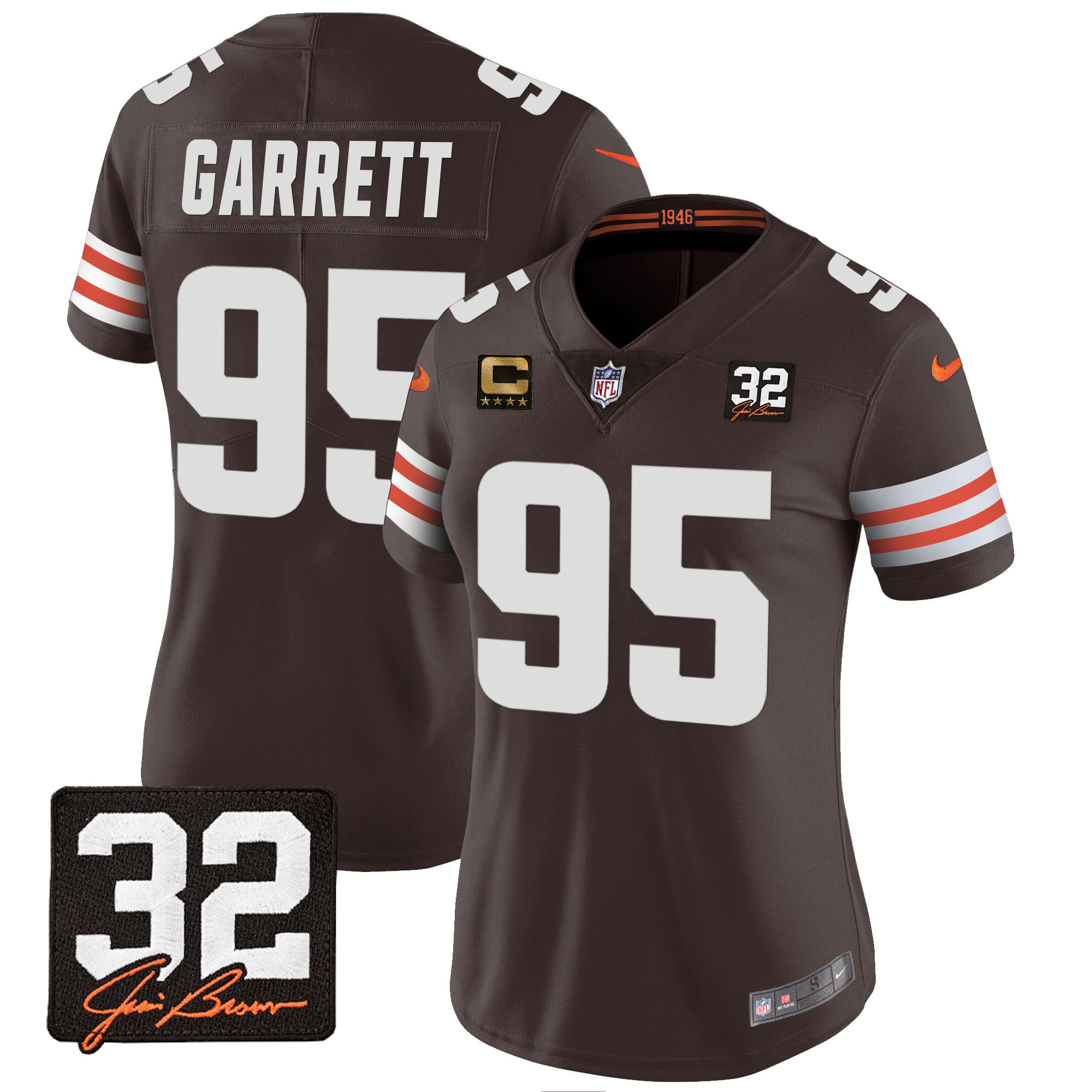 Myles Garrett Women's Cleveland Browns #32 Jim Brown Memorial Patch Jersey - All Stitched