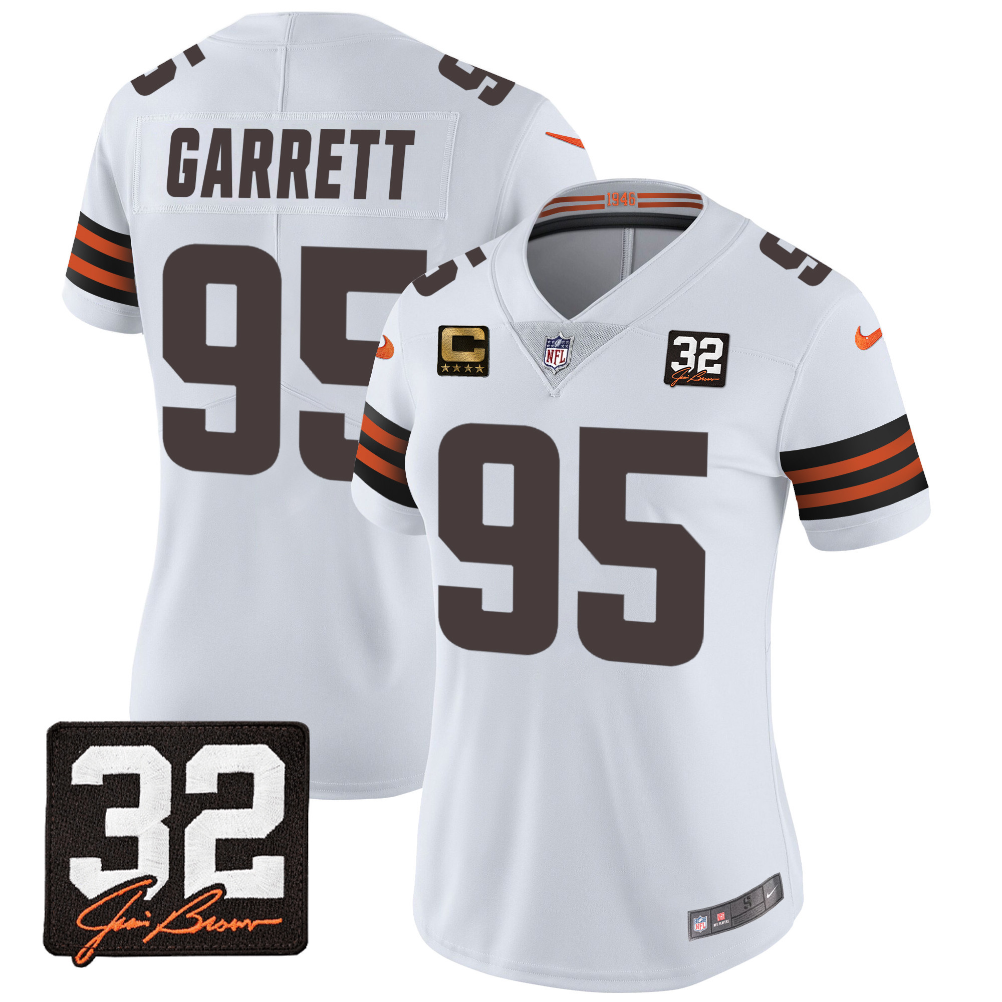 Myles Garrett Women's Cleveland Browns #32 Jim Brown Memorial Patch White Jersey - All Stitched